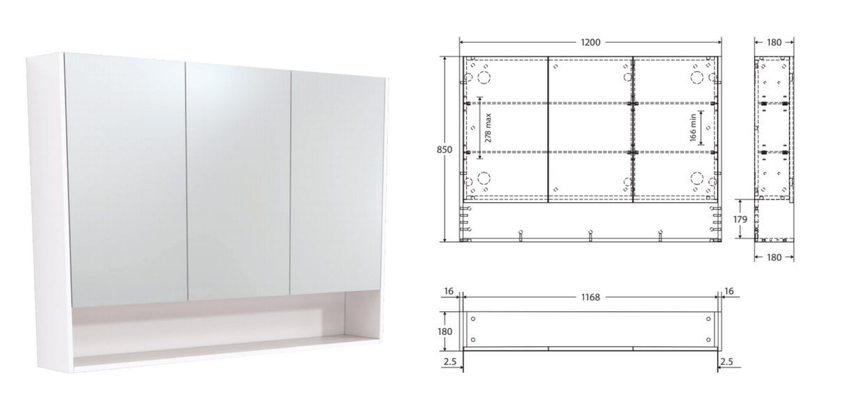 Fienza 1200mm PSC1200SB Mirror Cabinet with Undershelf, Satin Black