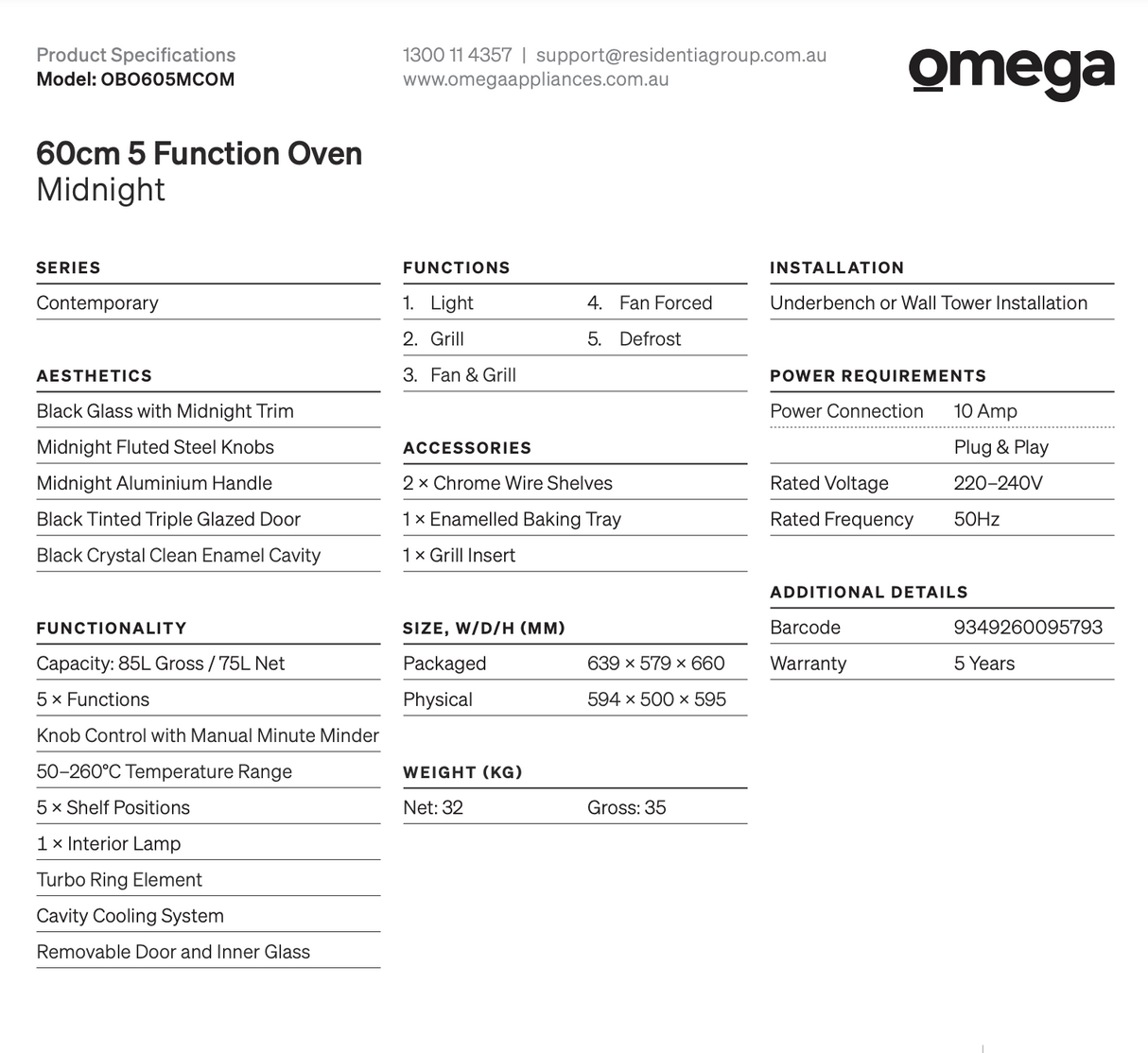 WVG6314SD Gas Oven Replacement - Omega OBO605MCOM 60cm Electric Oven