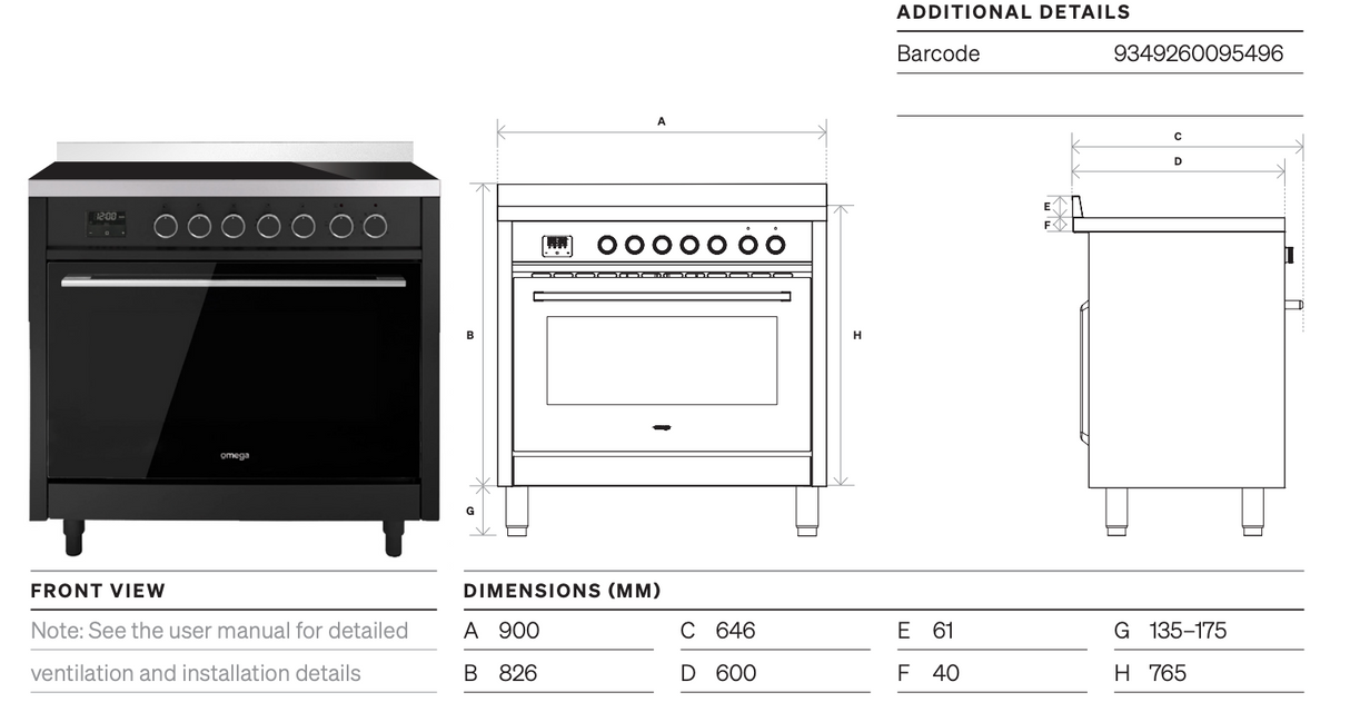Omega OFOIC908BCOM 90cm Freestanding Induction Stove - Seconds