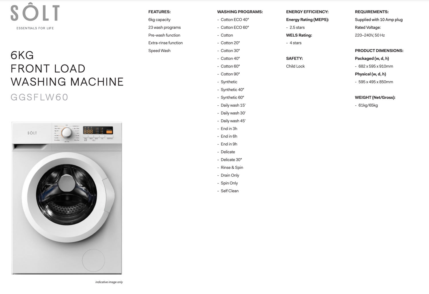 Solt GGSFLW60 6kg Front Load Washing Machine - Online Only
