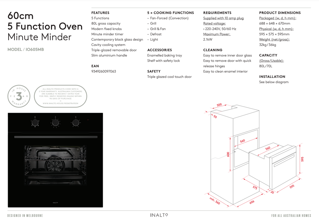 Inalto IO605MB 60cm 5 Function Oven with Airfry