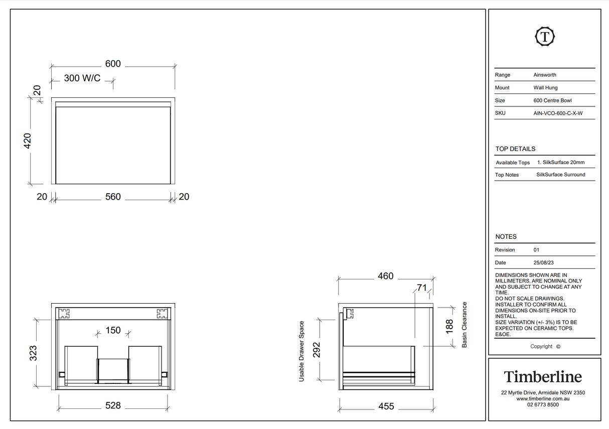 TIMBERLINE AINSWORTH WALL HUNG VANITY 600mm