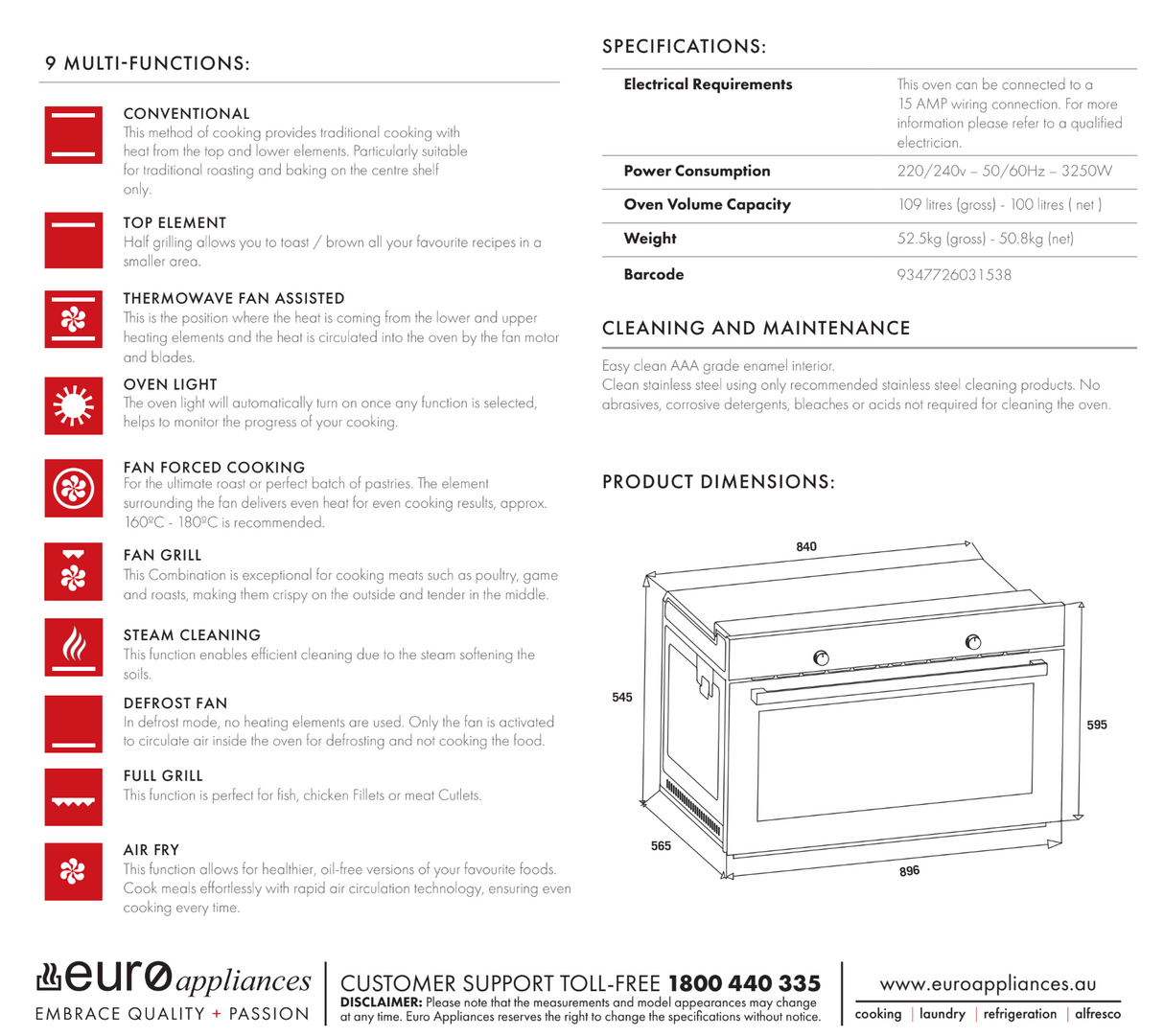 Euro Appliances EO9060EMX2  90cm Electric Giant Oven with Airfry