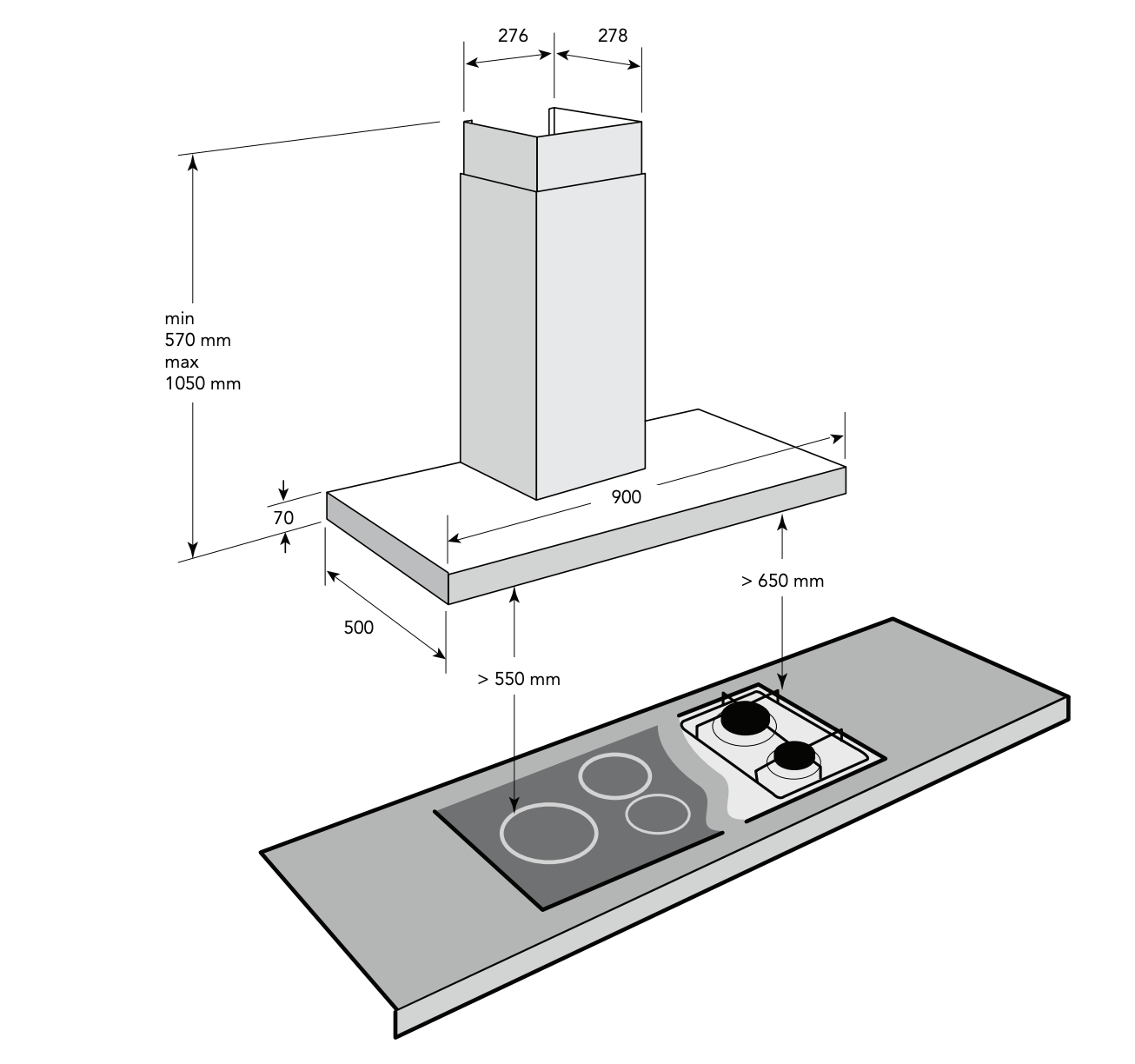 Glem Quietair GQA90TBLED 90cm QuietAir Off Board Motor Rangehood