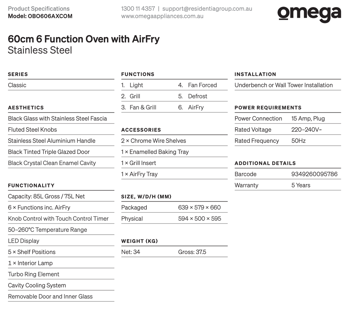 Omega OBO606AXCCOM 60cm Fan Forced Oven with AirFry
