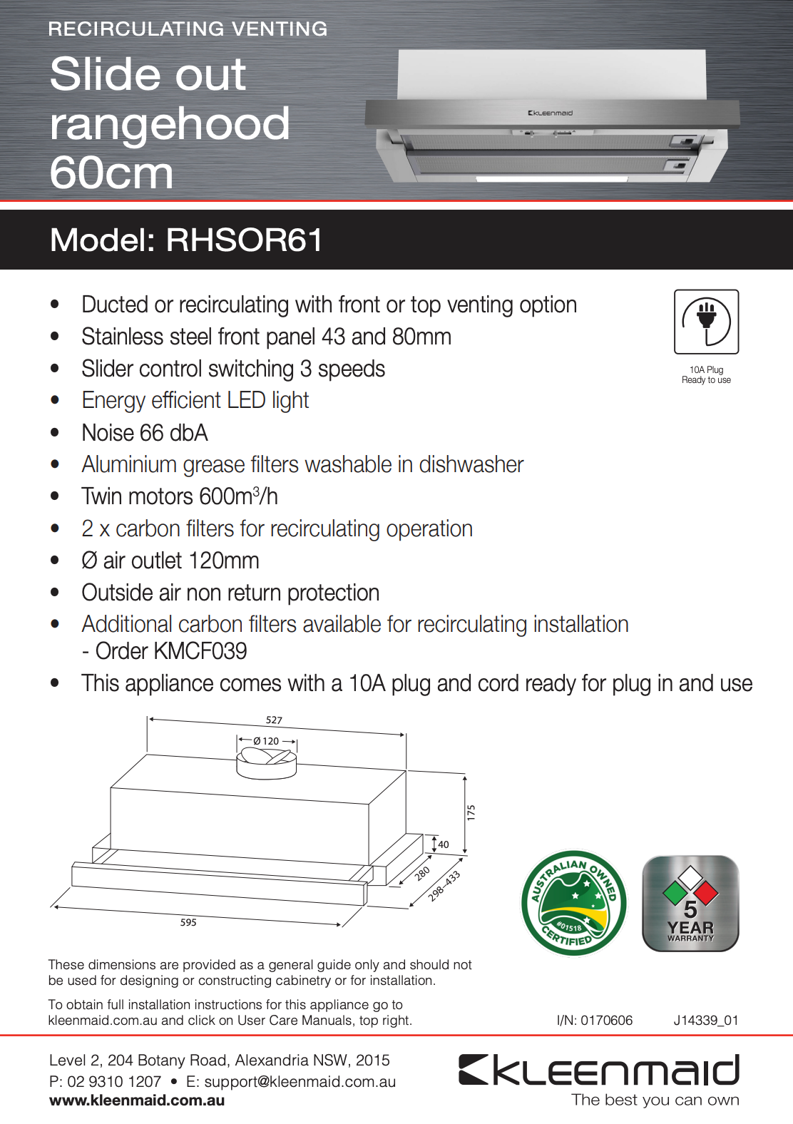 Kleenmaid RHSOR61 60cm Slideout Reversible Venting Rangehood