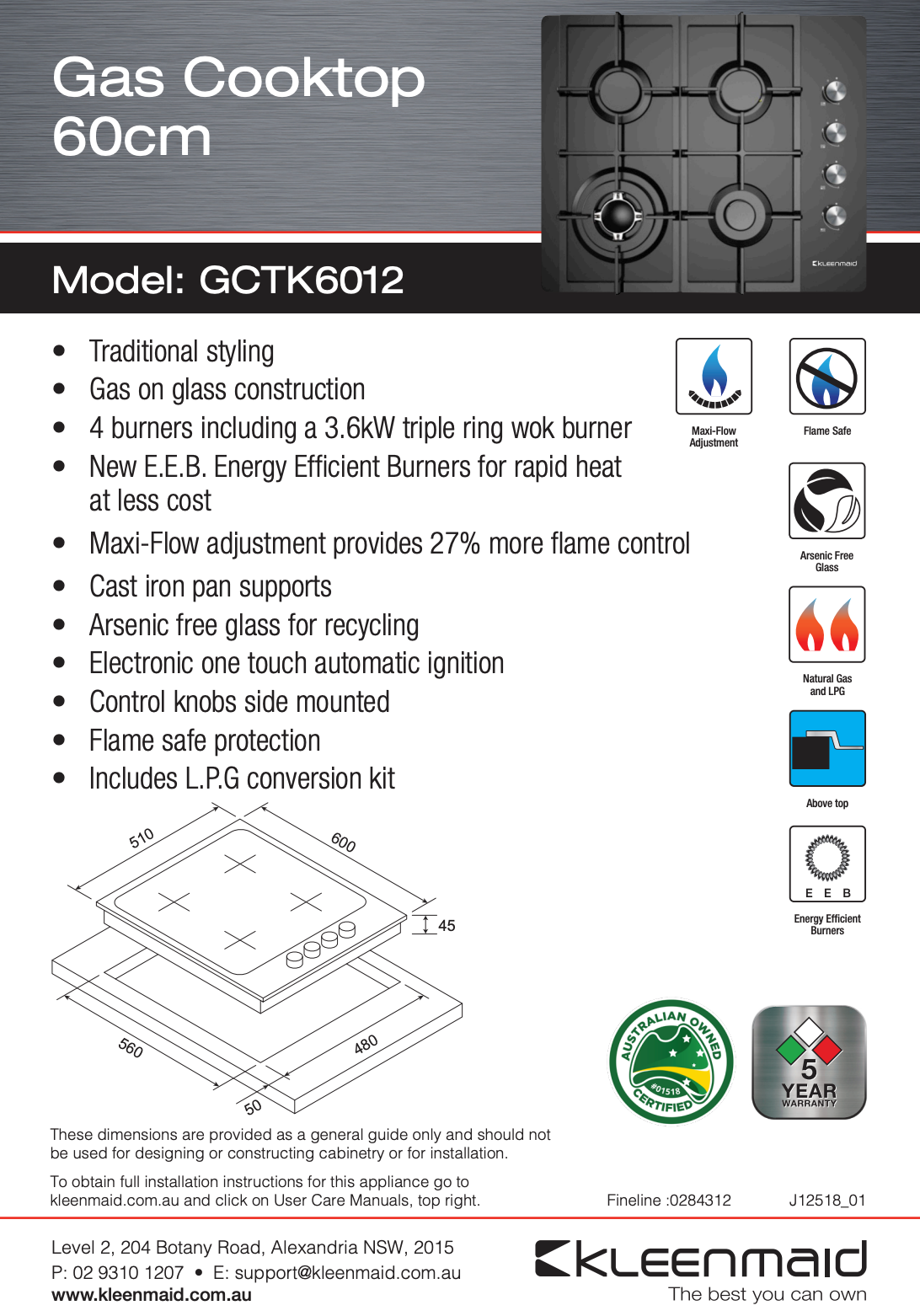Kleenmaid GCTK6012MCOM Full Black 60cm Gas Cooktop