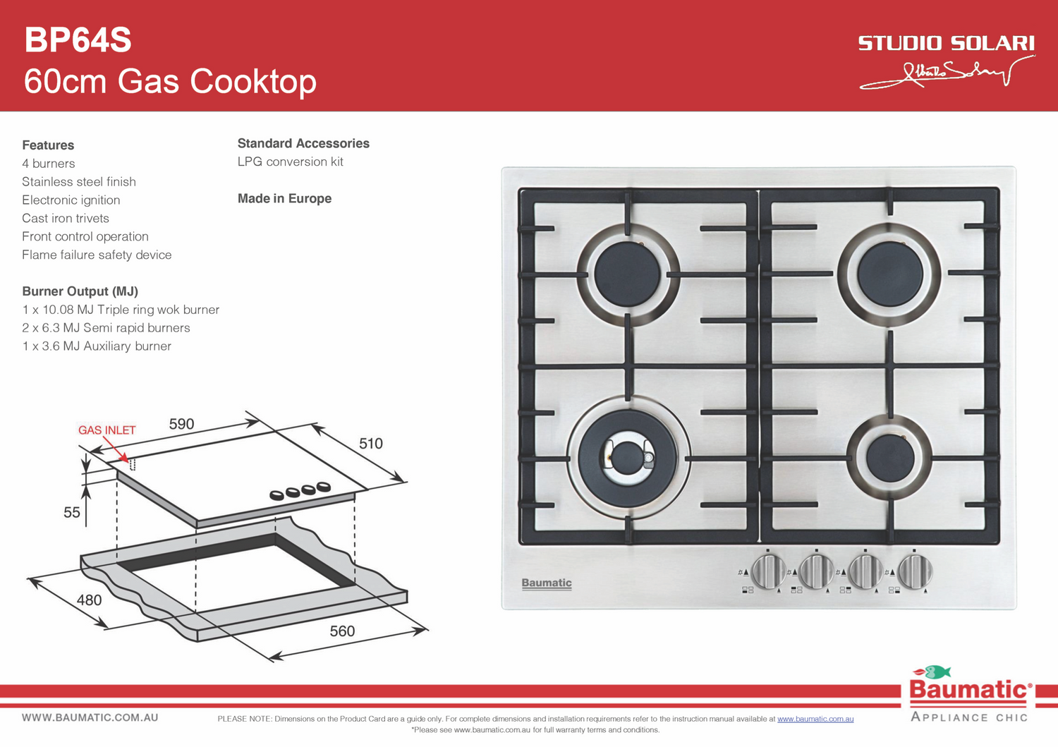 Baumatic BP64S 60cm Italian Made Stainless Steel Cooktop