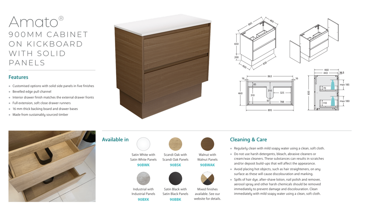 Fienza TCL90BSK Dolce 900mm Scandi Oak Vanity On Kickboard, 1 Taphole