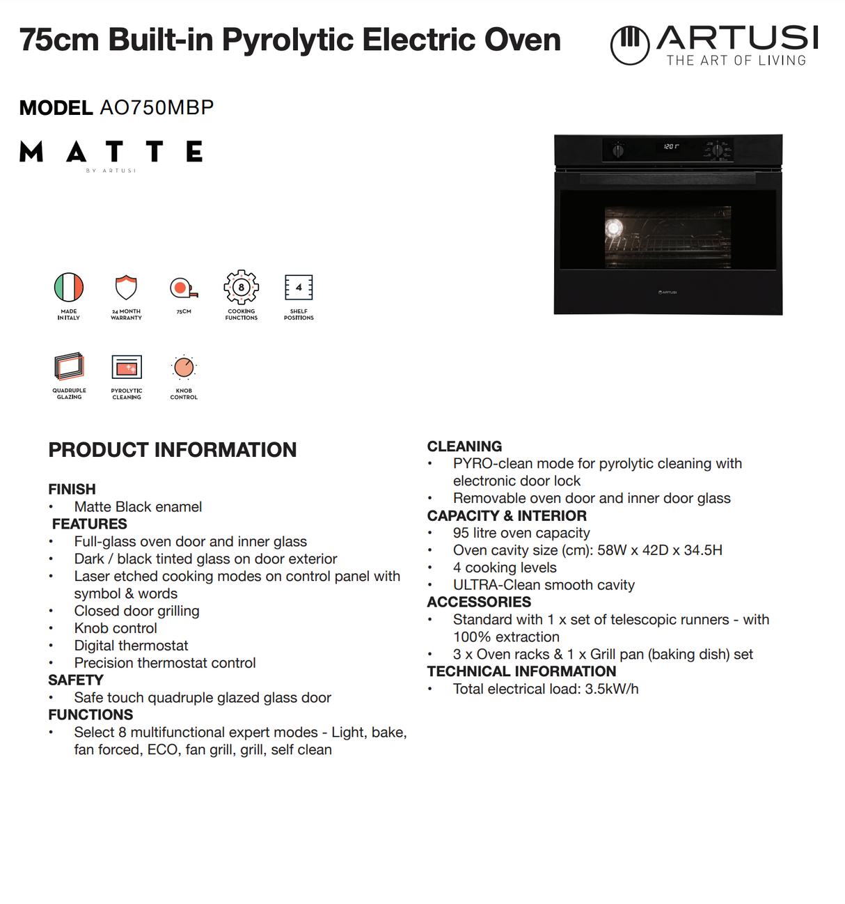 Artusi AO750MBP 75cm Built-in Pyrolytic Oven - Pre Order for Feb 2026