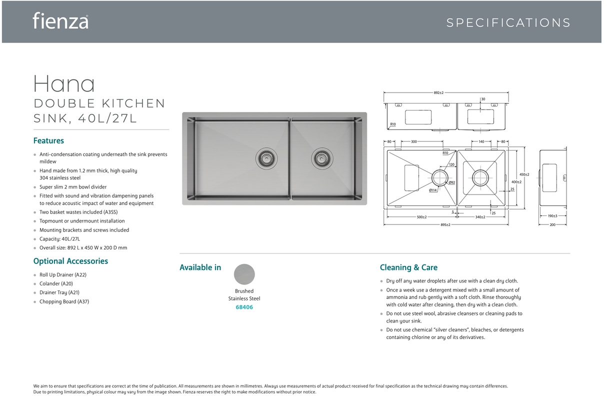 Fienza 68406 Hana Double Kitchen Sink 40L/27L