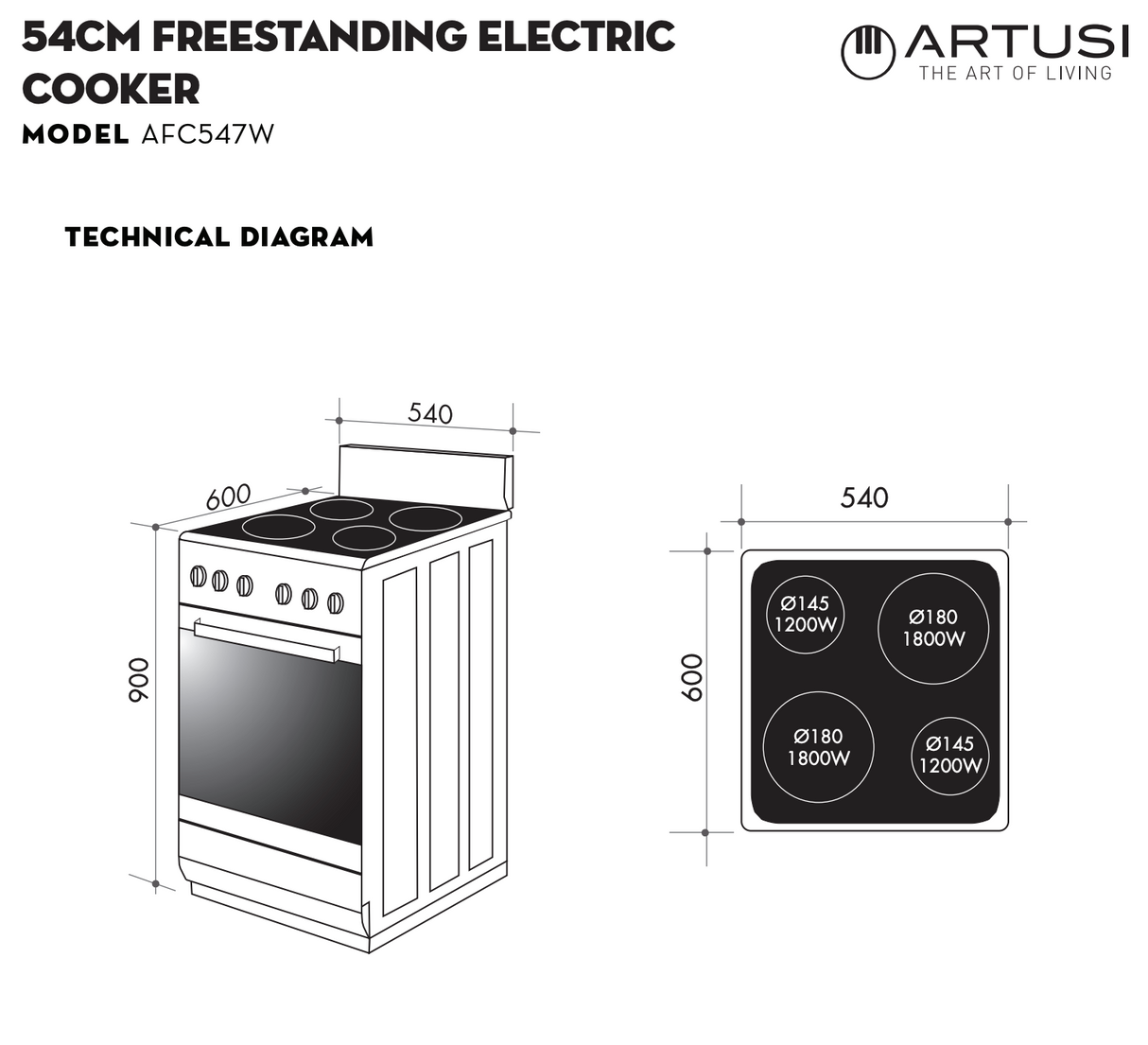 Artusi 60cm Electric Stove AFC607W