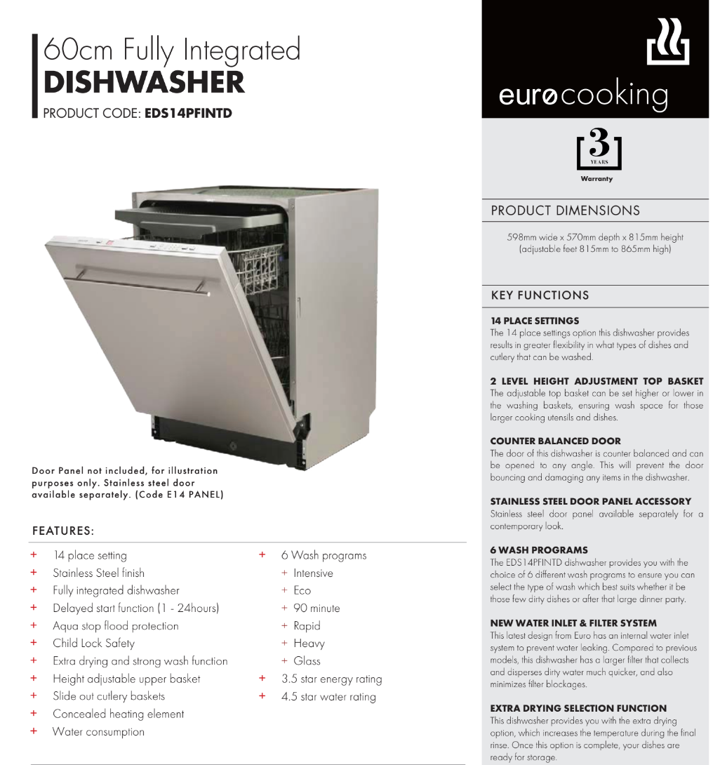 Euro Appliances EDS14PFINTD Fully Integrated Dishwasher