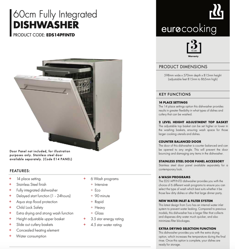 Euro Appliances EDS14PFINTD Fully Integrated Dishwasher - Ex Display Discount