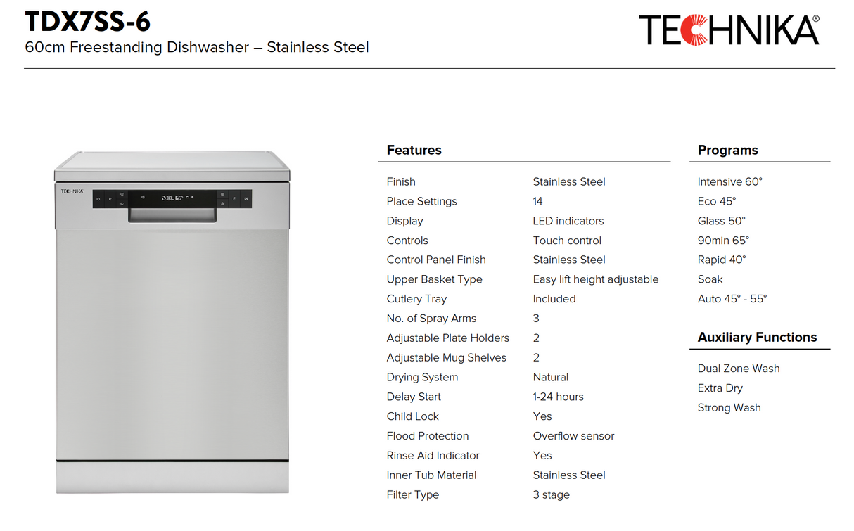 Technika Series 7 Stainless Steel Dishwasher with Top Cutlery Draw TDX7SS-6 - Technika Seconds Discount