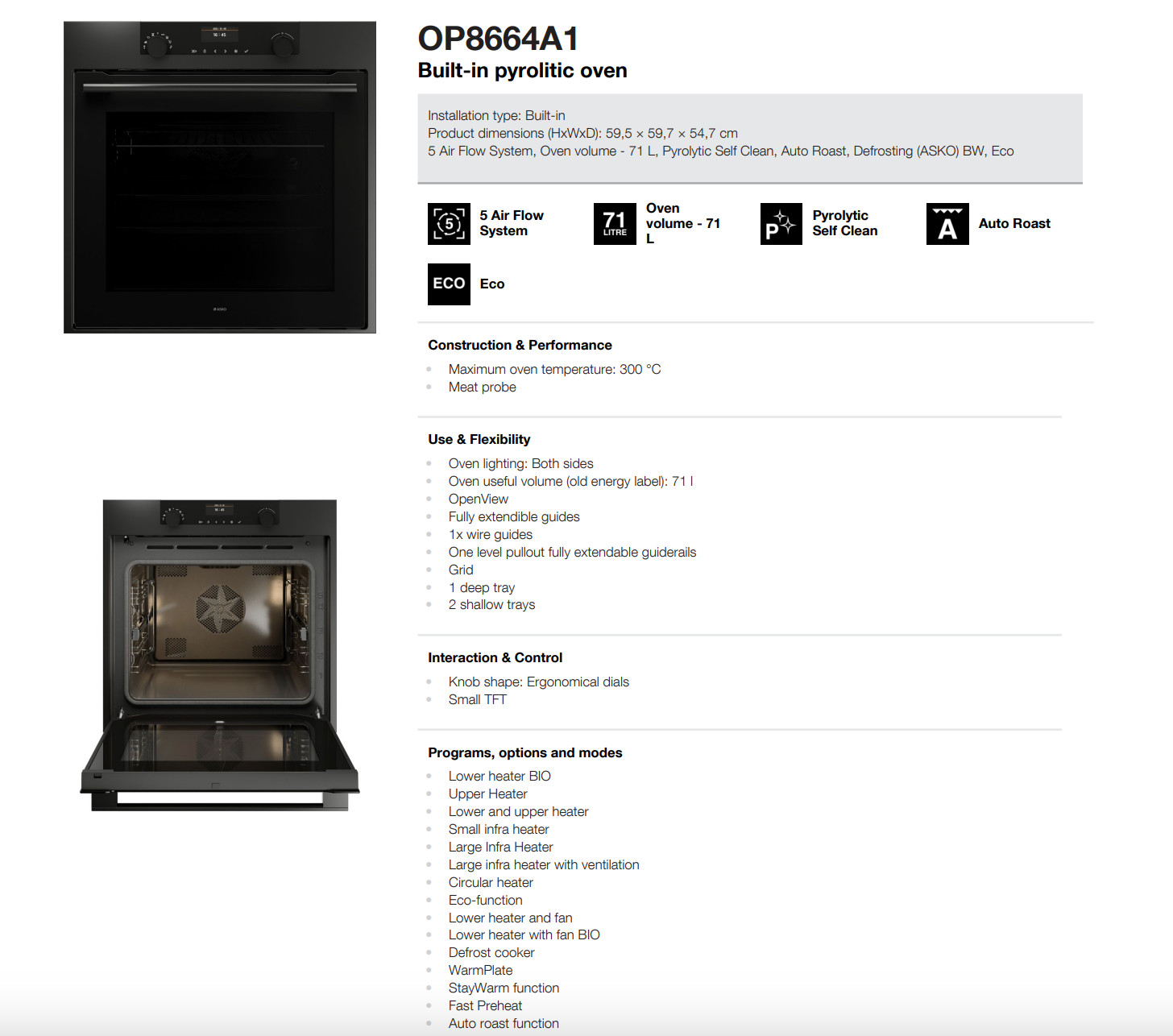 ASKO 60cm Pyrolytic Craft Built-In Oven Graphite Black OP8664A1 - ASKO Seconds Discount