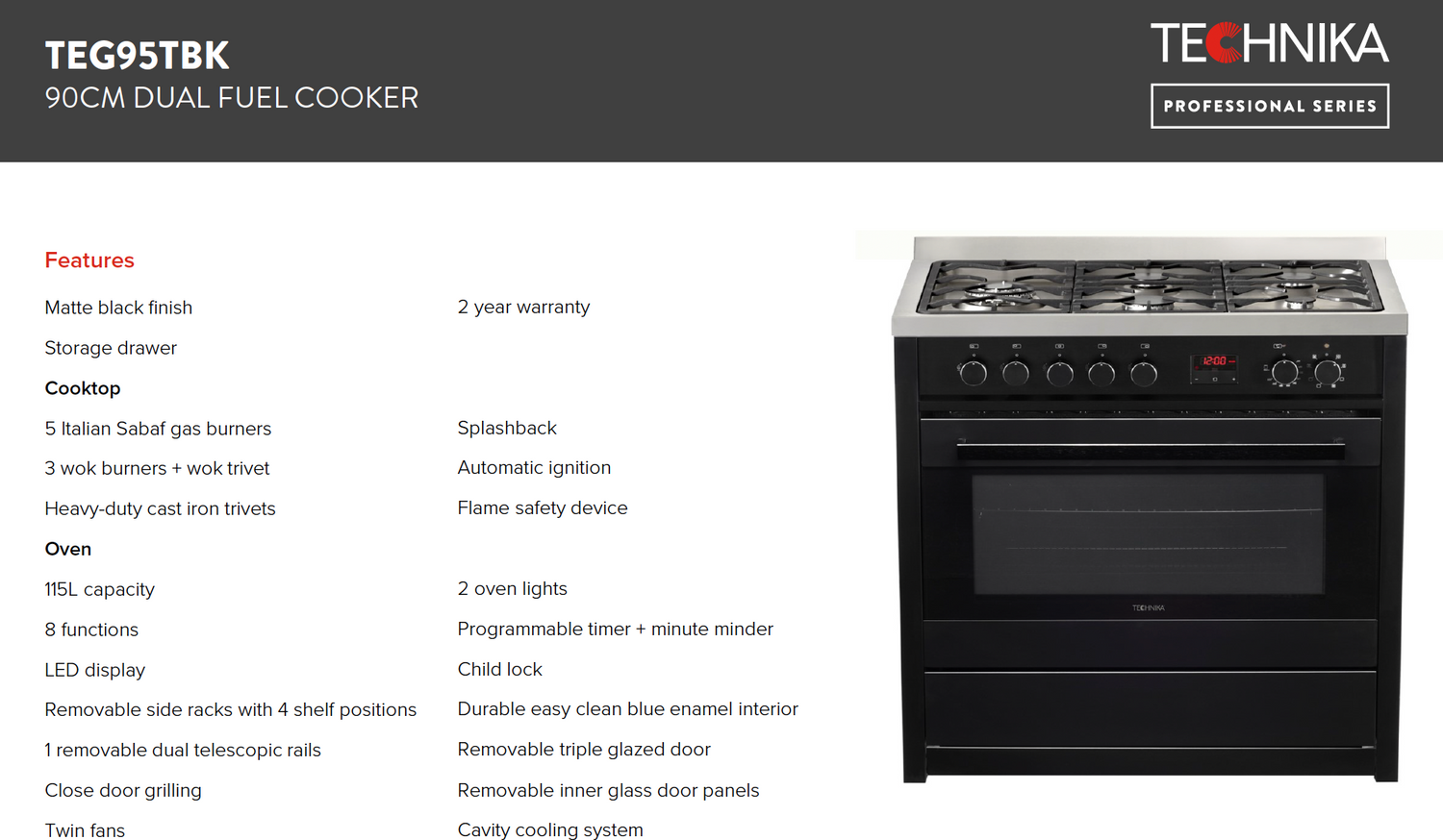 Technika 90cm TEG95TBK Dual Fuel Black Finish Upright Cooker