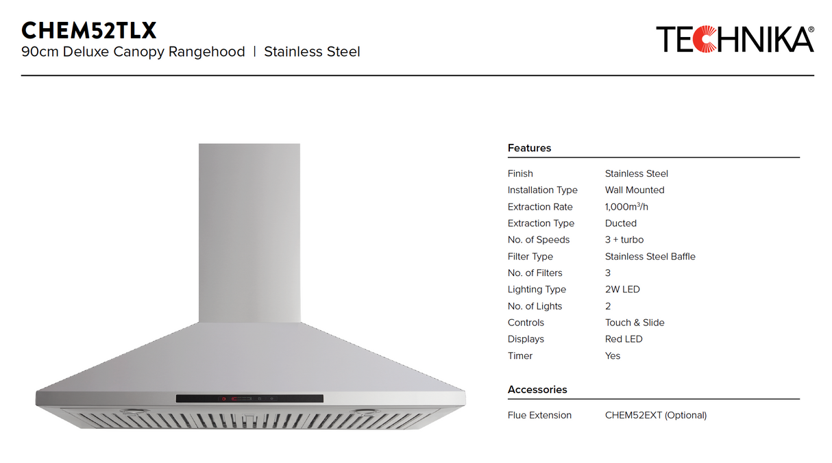 Technika CHEM52TLX 90cm High Extraction Rangehood