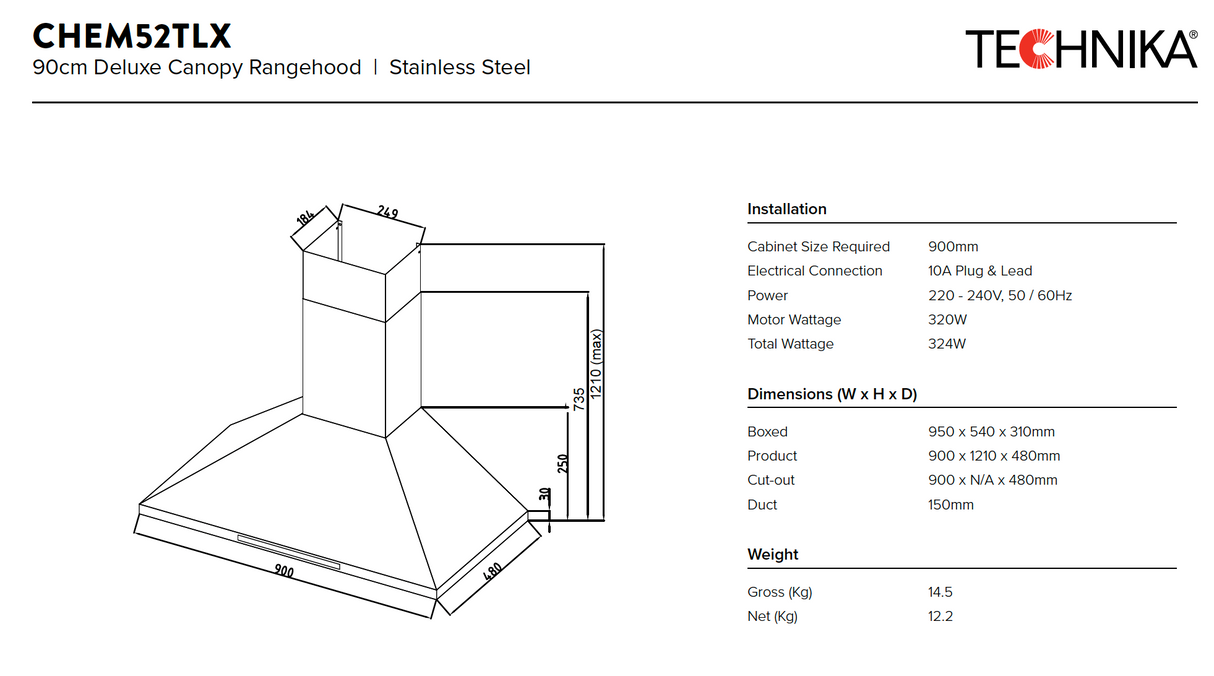 Technika CHEM52TLX 90cm High Extraction Rangehood