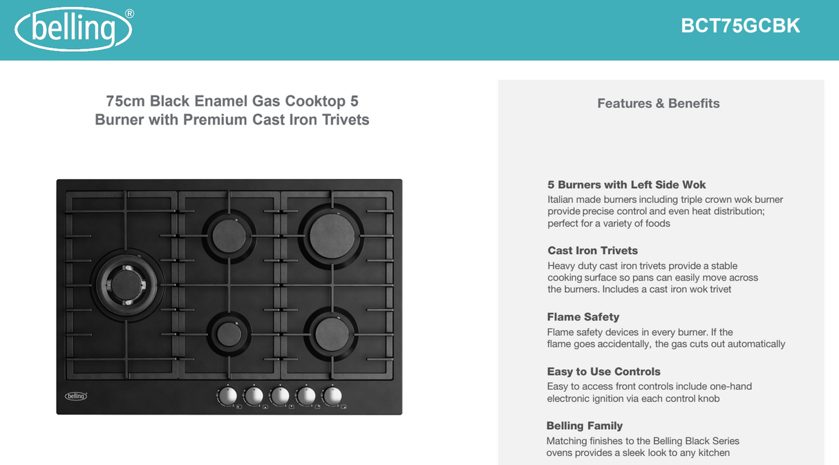 Belling BCT75GCBK 75cm Italian Made Matte Black Gas Cooktop