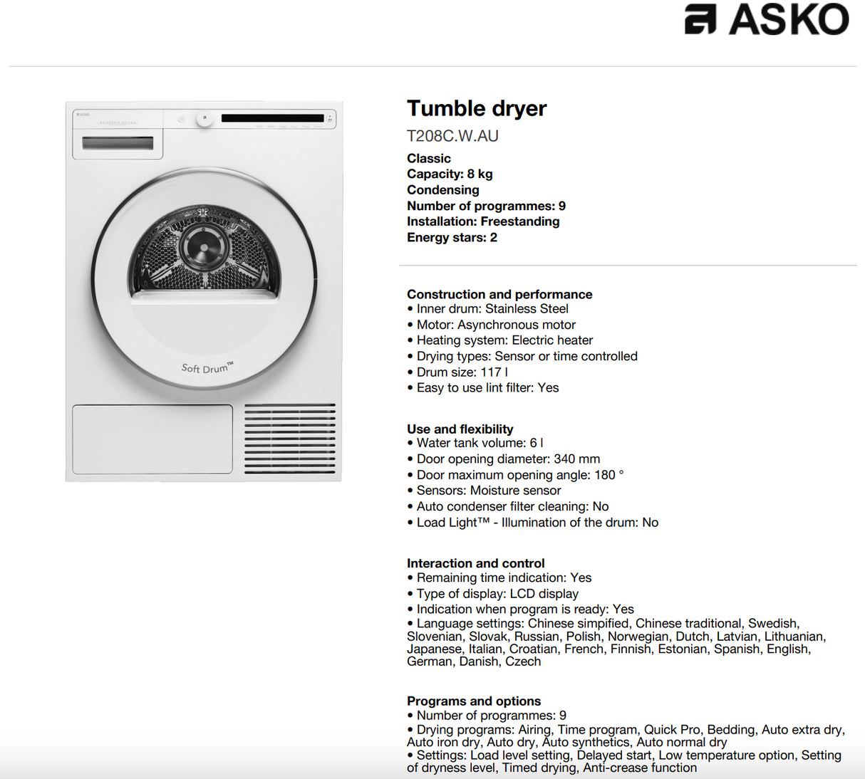 ASKO T208CWAU 8kg Classic Series Condenser Dryer, White - Factory Seconds