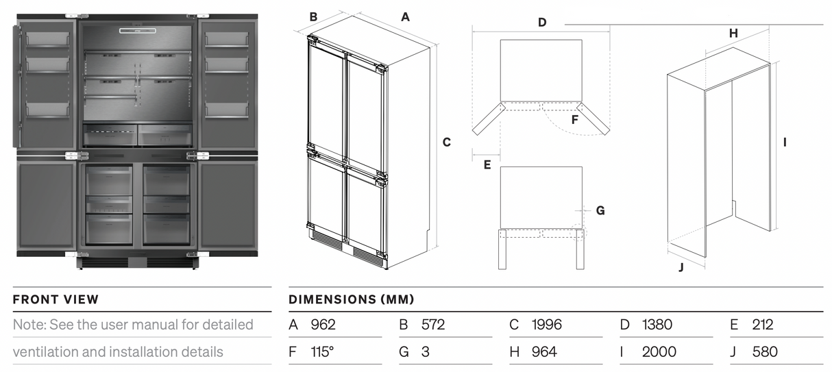 Omega OIF4DF526PRO 526L Integrated Quad Door Refrigerator
