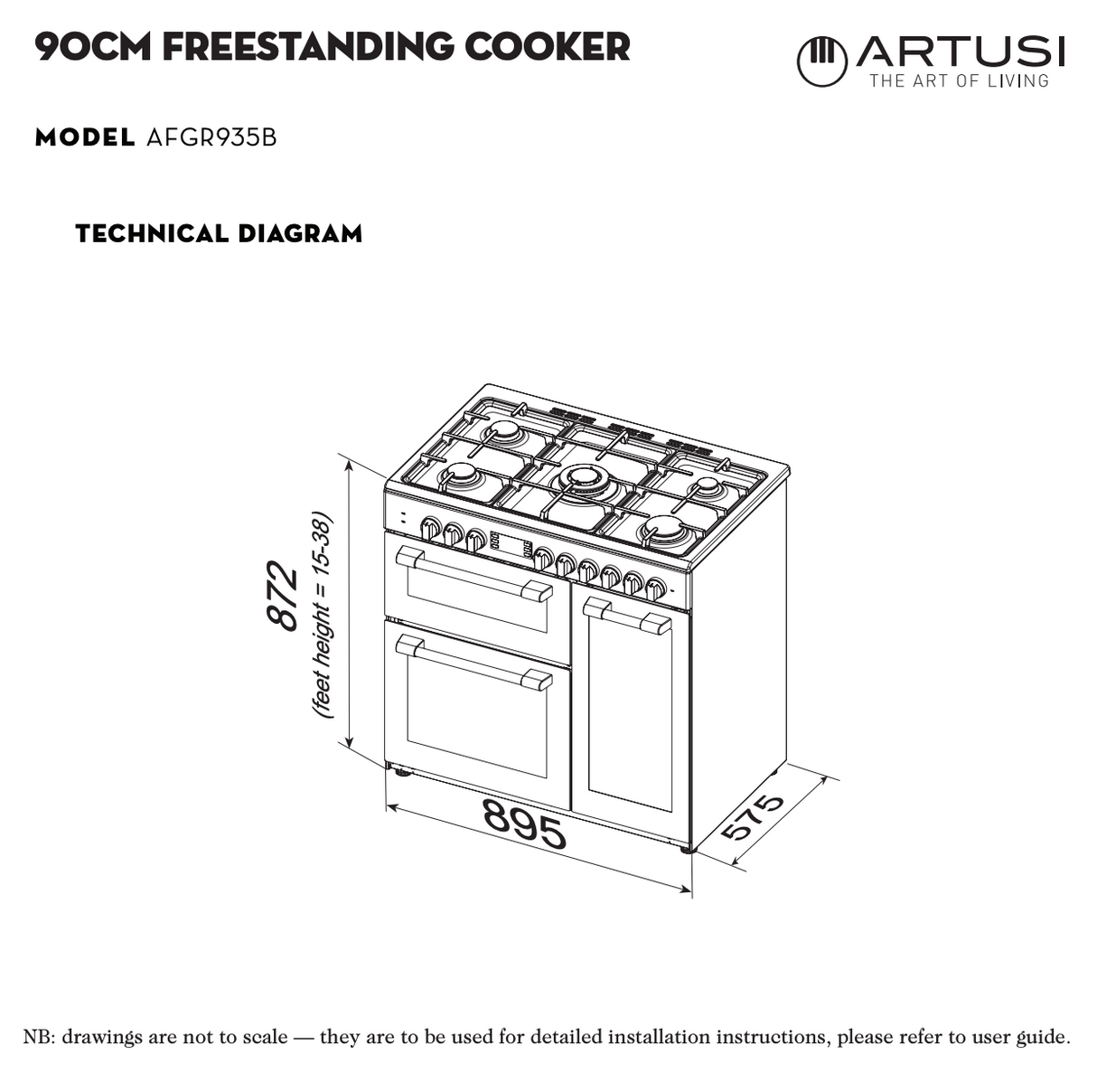 Artusi AFGR935B Freestanding Cooker 90cm with Gas Hob, Black
