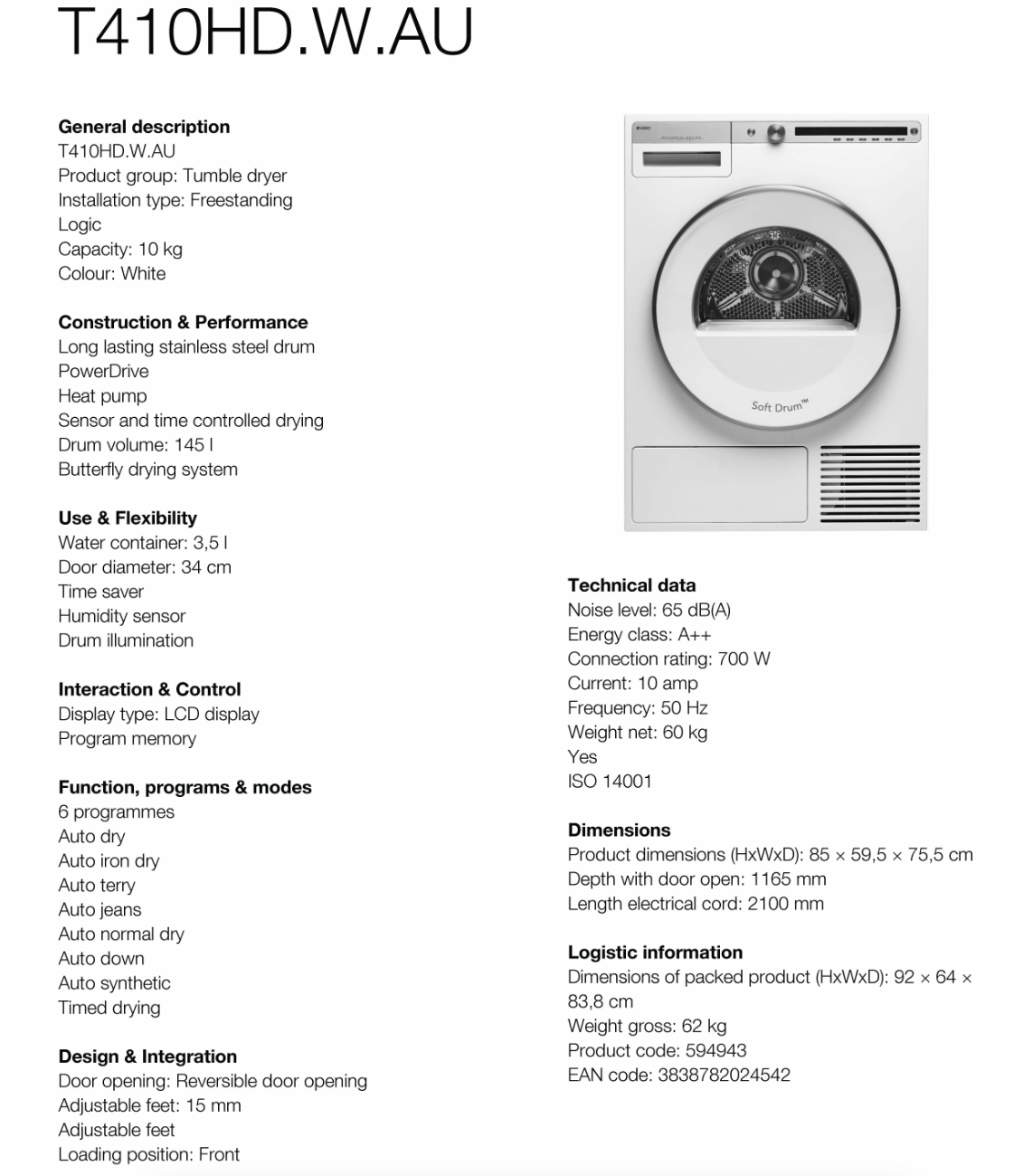ASKO T410HDW Logic Series 10kg Heat Pump Dryer - ASKO Factory Seconds - Heat Pump Dryers