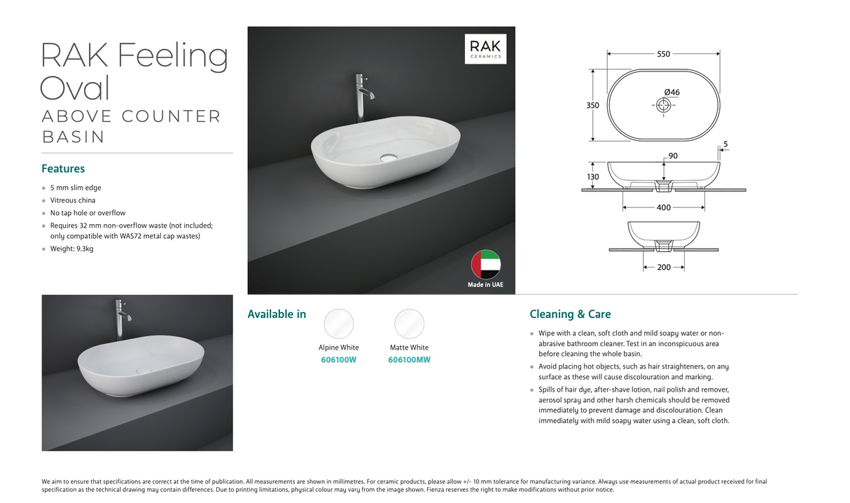 Fienza 606100MW Feeling Above Counter RAK Ceramic Oval Basin, Matte White