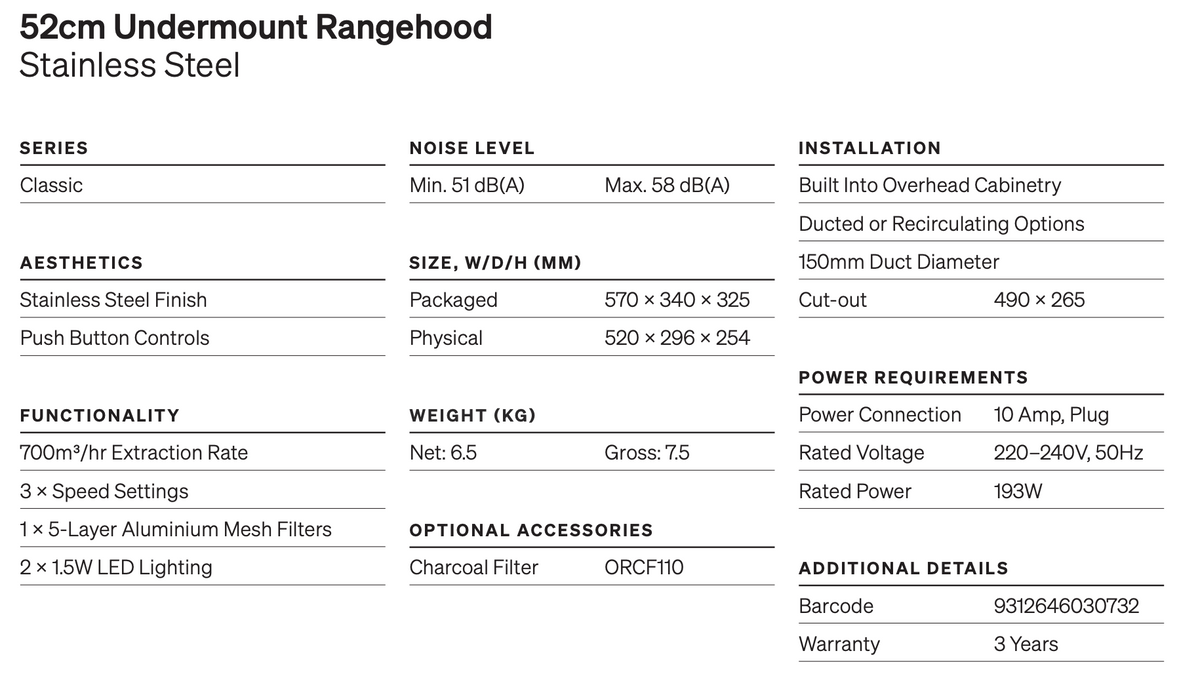 Omega OMRH52SSX7 52cm Under mount Range hood - In Stock
