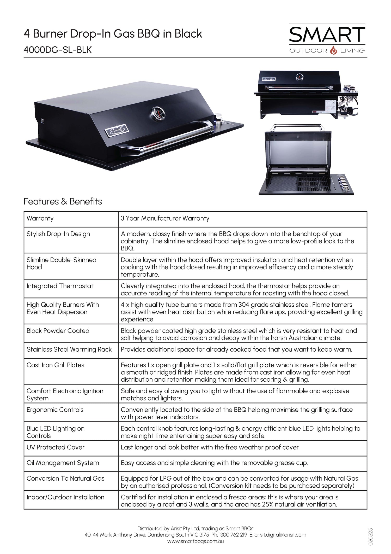 Smart 4000DG SL-BLK Four Burner Drop-In BBQ in Black