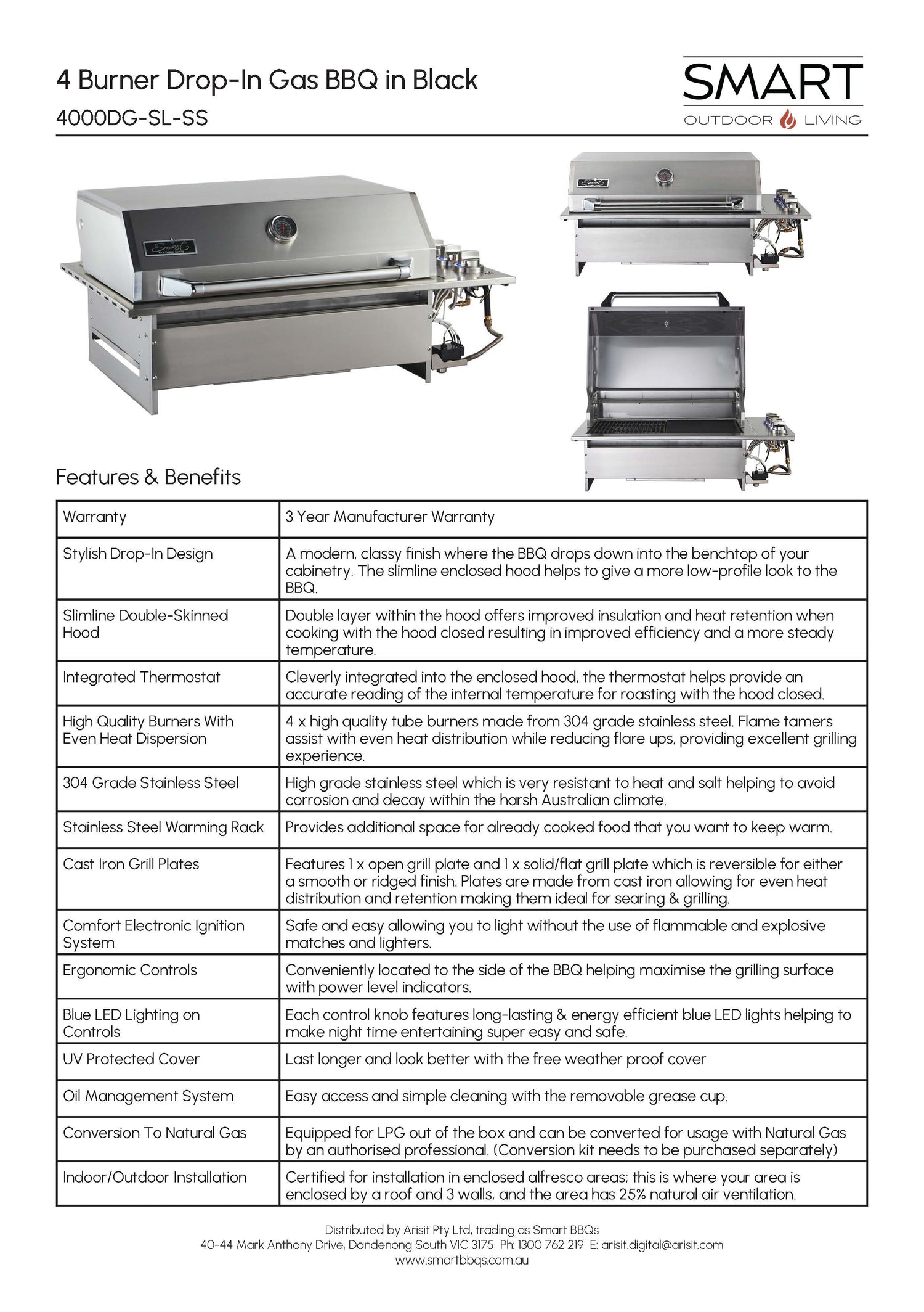 Smart 4000DG SL-SS Four Burner Drop-In BBQ in Stainless Steel