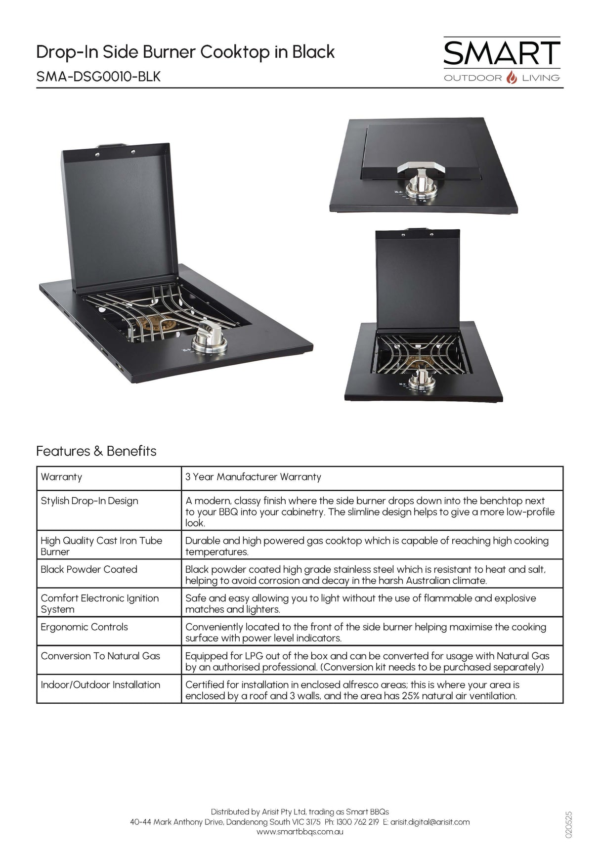 Smart SMA-DSG0010BLK Drop-In Side Burner Gas BBQ Cooktop in Black