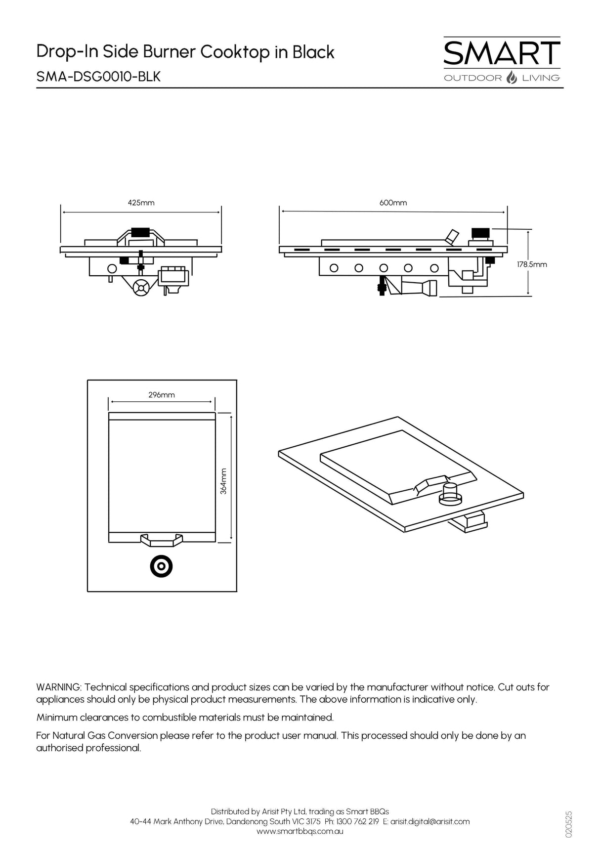Smart SMA-DSG0010BLK Drop-In Side Burner Gas BBQ Cooktop in Black