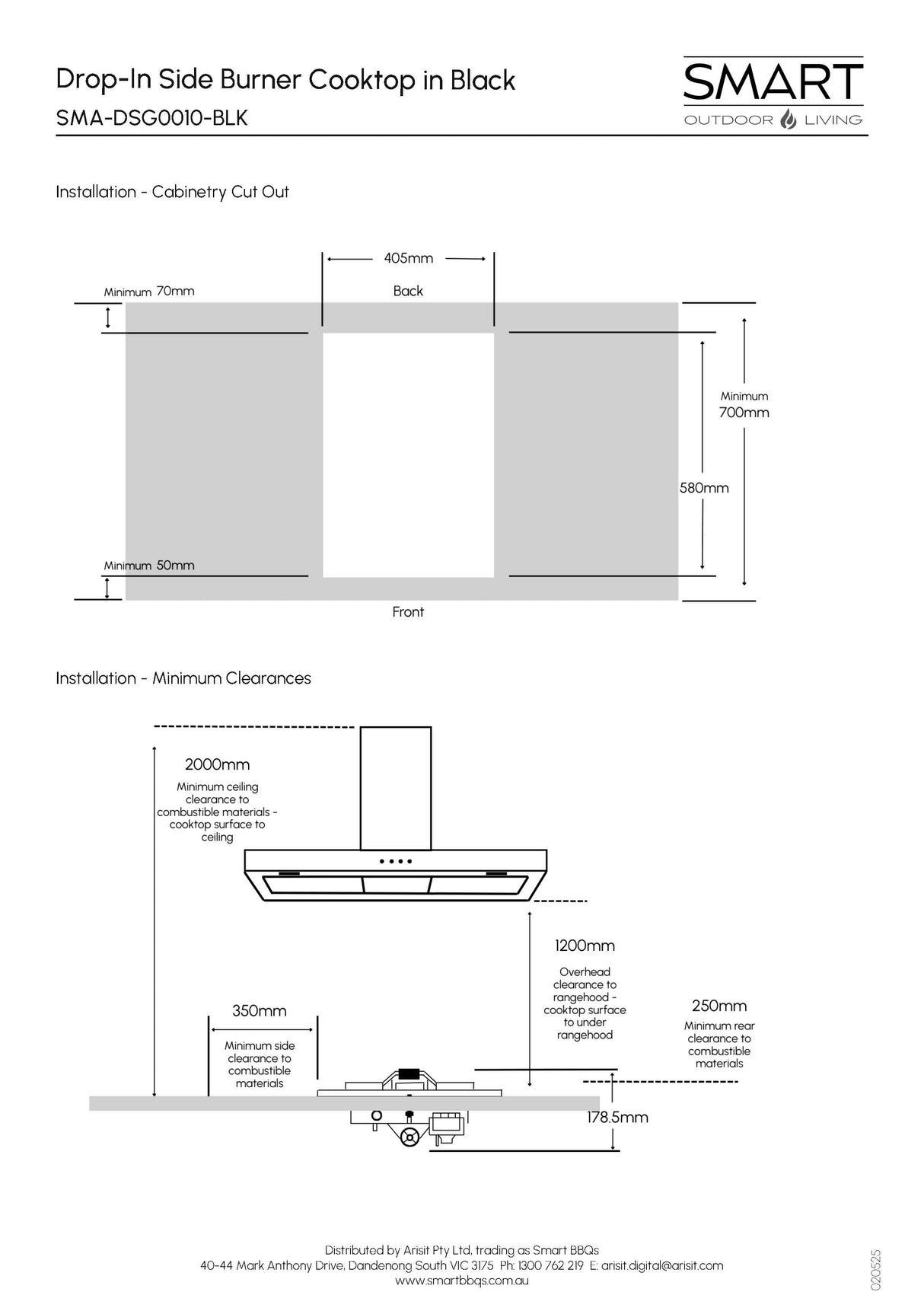 Smart SMA-DSG0010BLK Drop-In Side Burner Gas BBQ Cooktop in Black