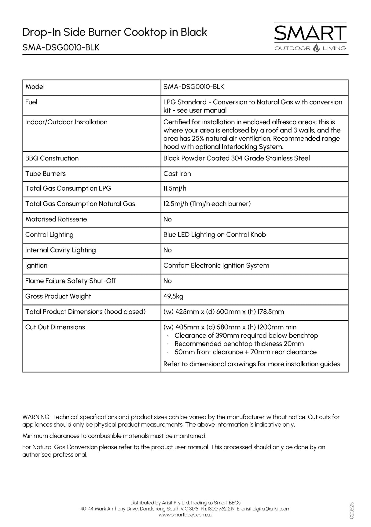 Smart SMA-DSG0010BLK Drop-In Side Burner Gas BBQ Cooktop in Black