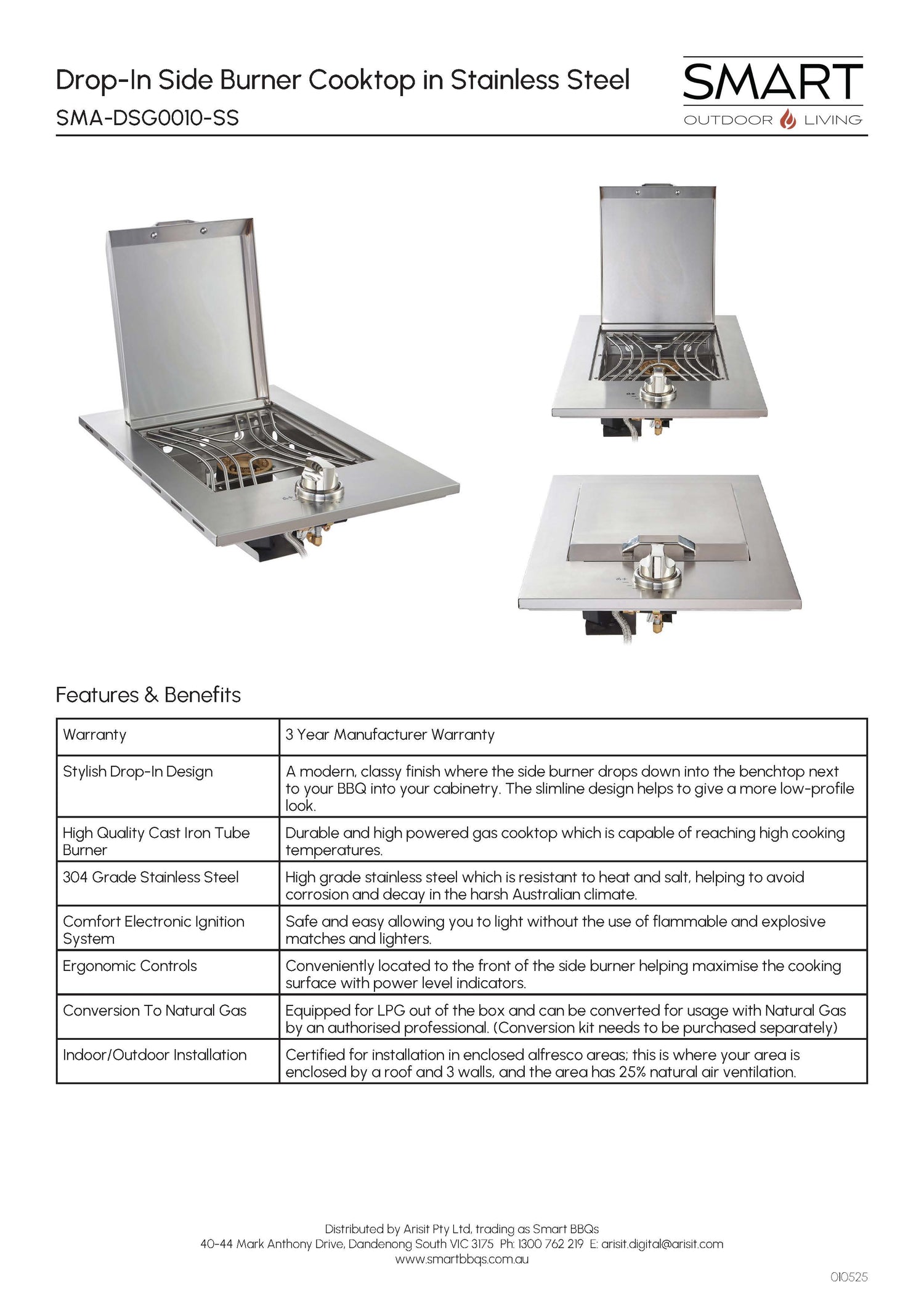 Smart SMA-DSG0010-SS Drop-In Side Burner Gas BBQ Cooktop in Stainless Steel