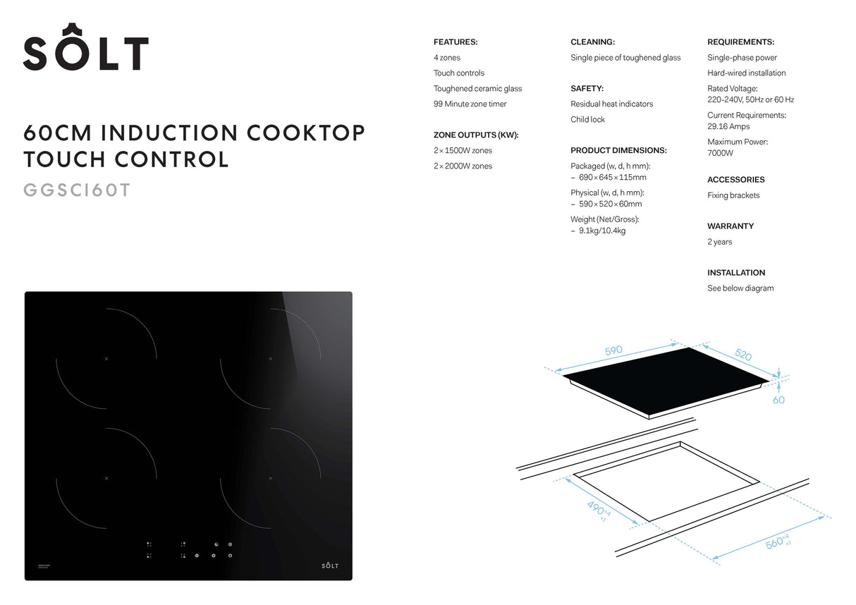 Solt GGSCI60T 60cm Induction Cooktop, Touch Controls