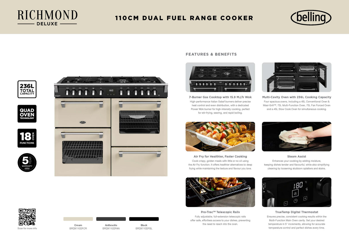Belling BRDX110DFCR 110cm Richmond Deluxe Dual Fuel Range Cooker - Cream