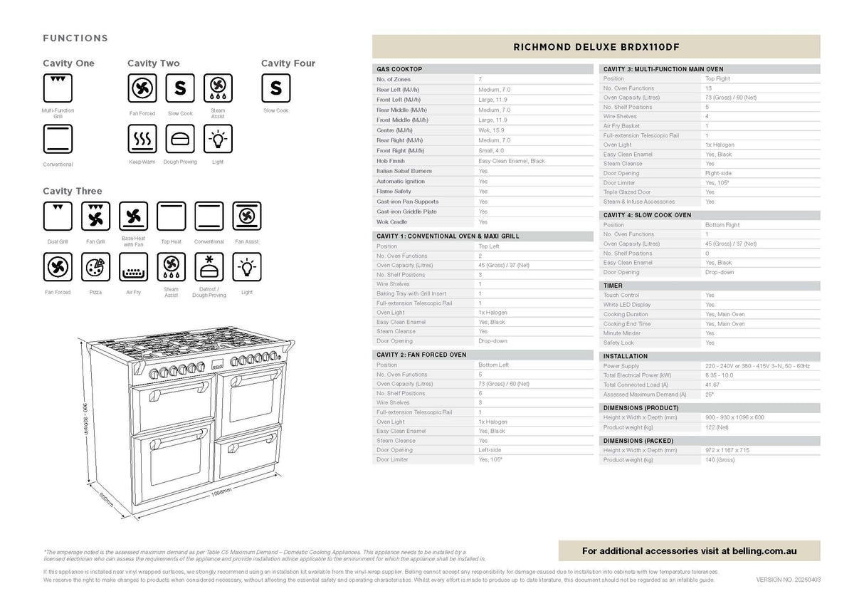 Belling BRDX110DFCR 110cm Richmond Deluxe Dual Fuel Range Cooker - Cream