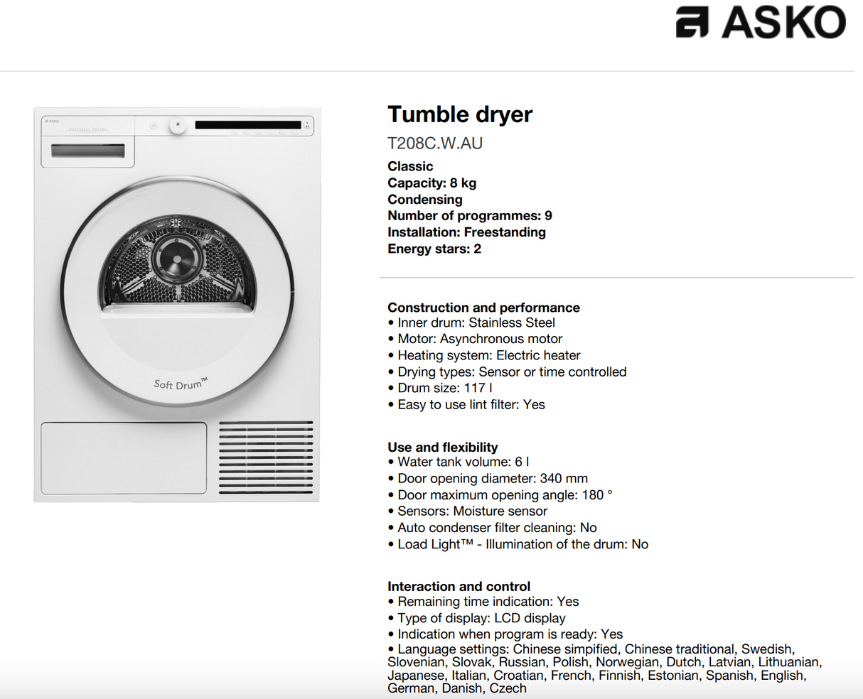 ASKO Laundry Bundle AL01 W2084C 8kg Front Load Washing Machine & T208CWAU 8kg Classic Series Condenser Dryer - ASKO