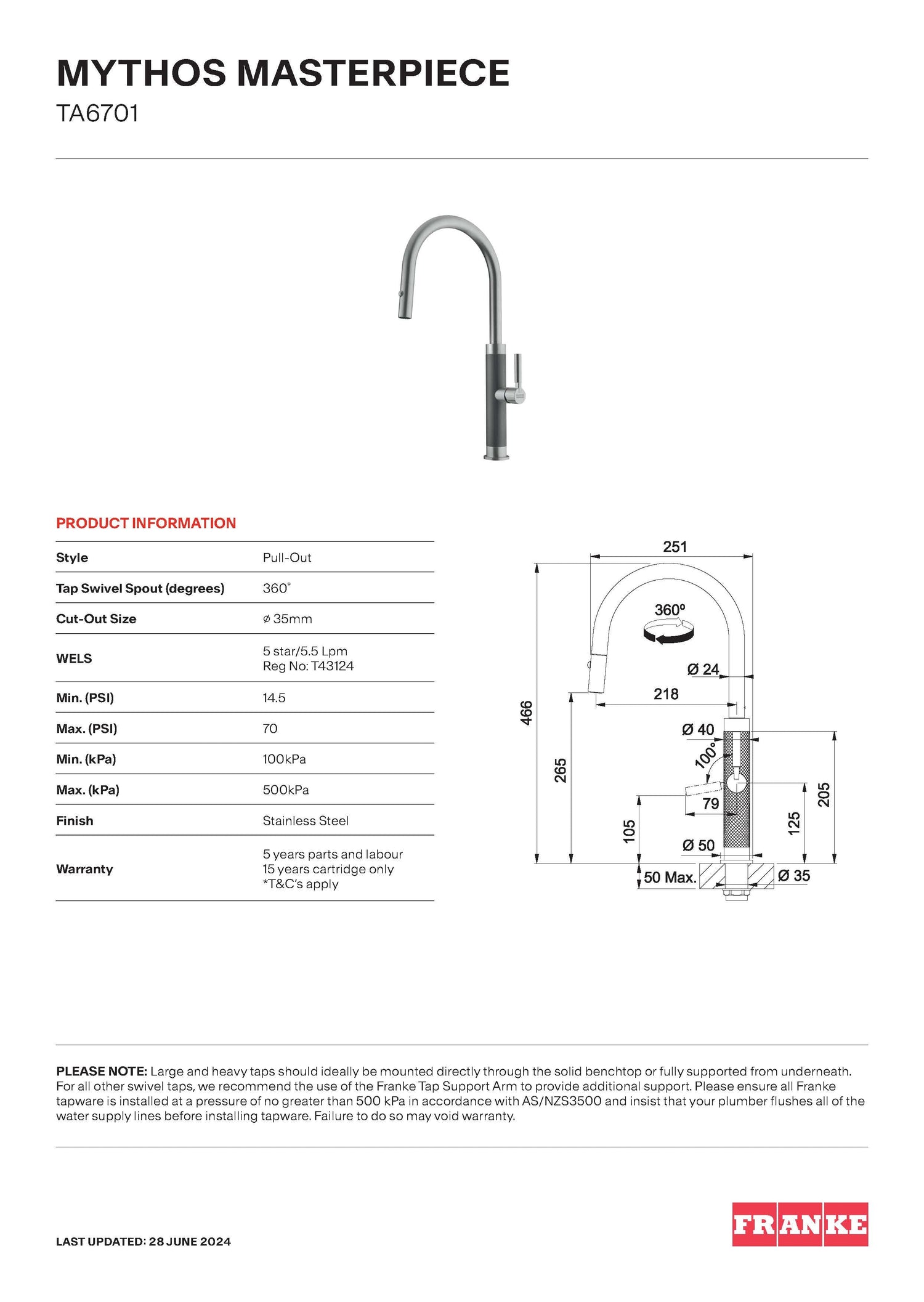 Franke Mythos Masterpiece Pull-Out Stainless Steel, TA6701