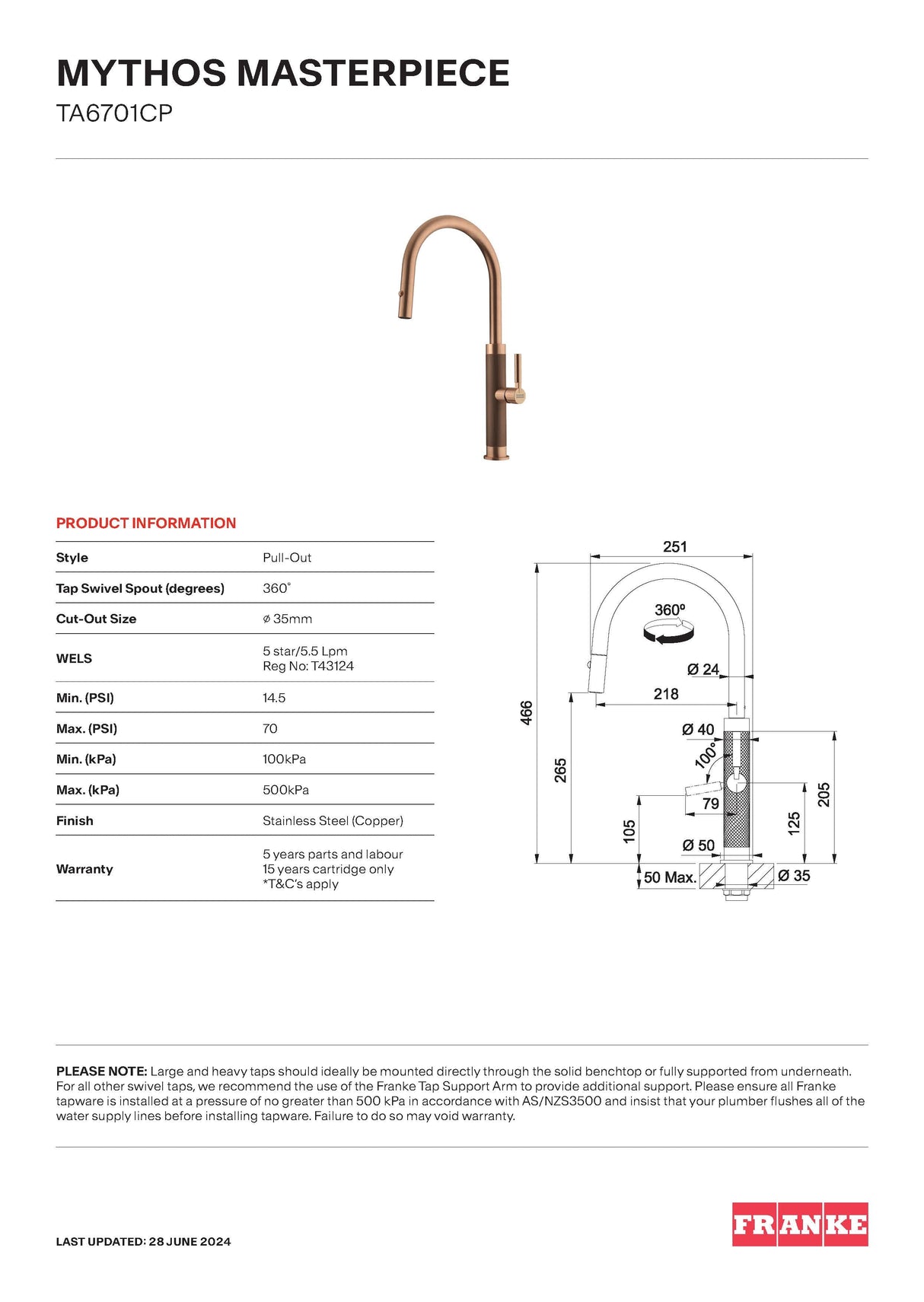 Franke Mythos Masterpiece Pull-Out Copper, TA6701CP