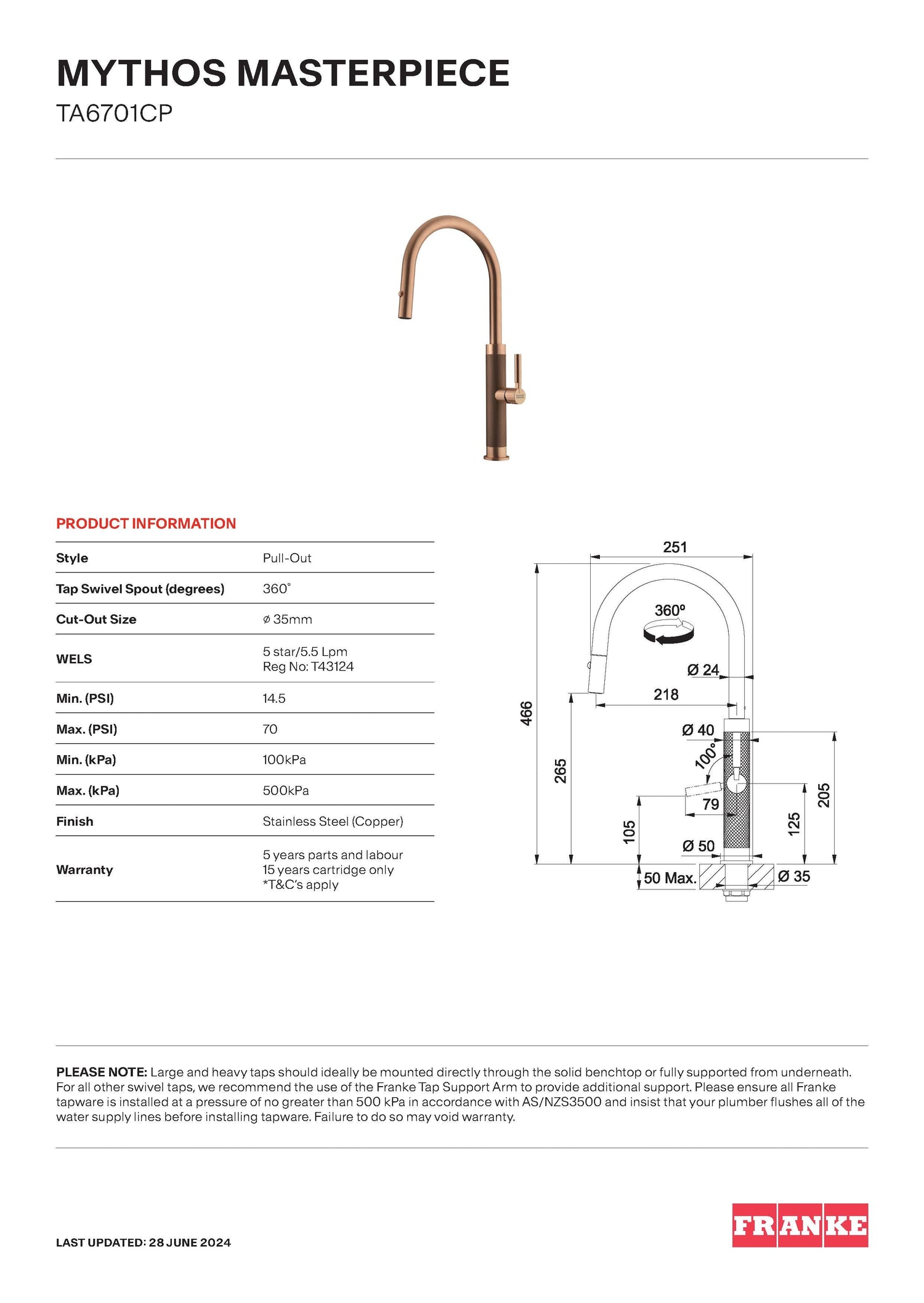 Franke Mythos Masterpiece Pull-Out Copper, TA6701CP