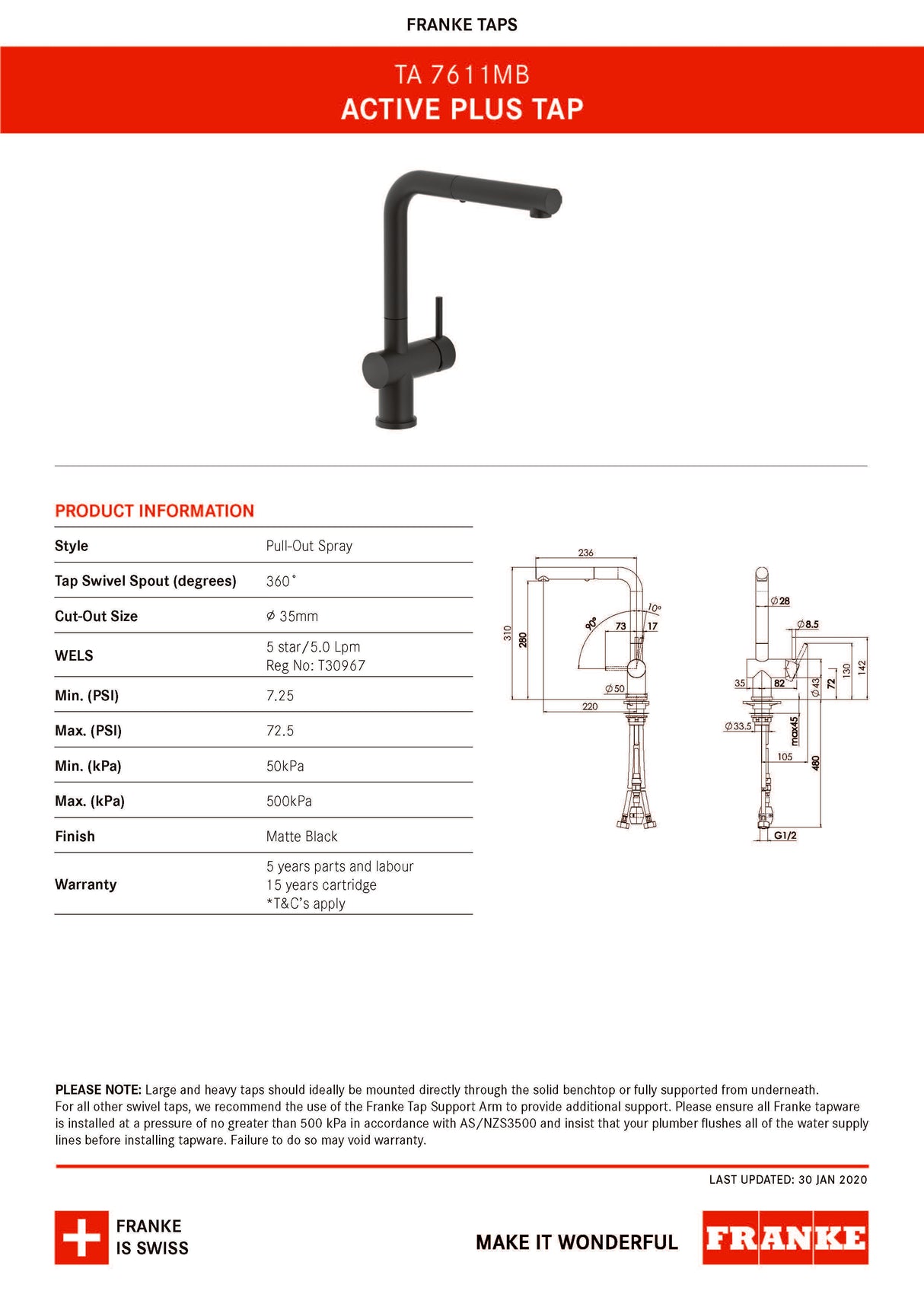 Franke TA7611MB Active Plus Pull Out Tap, Matte Black
