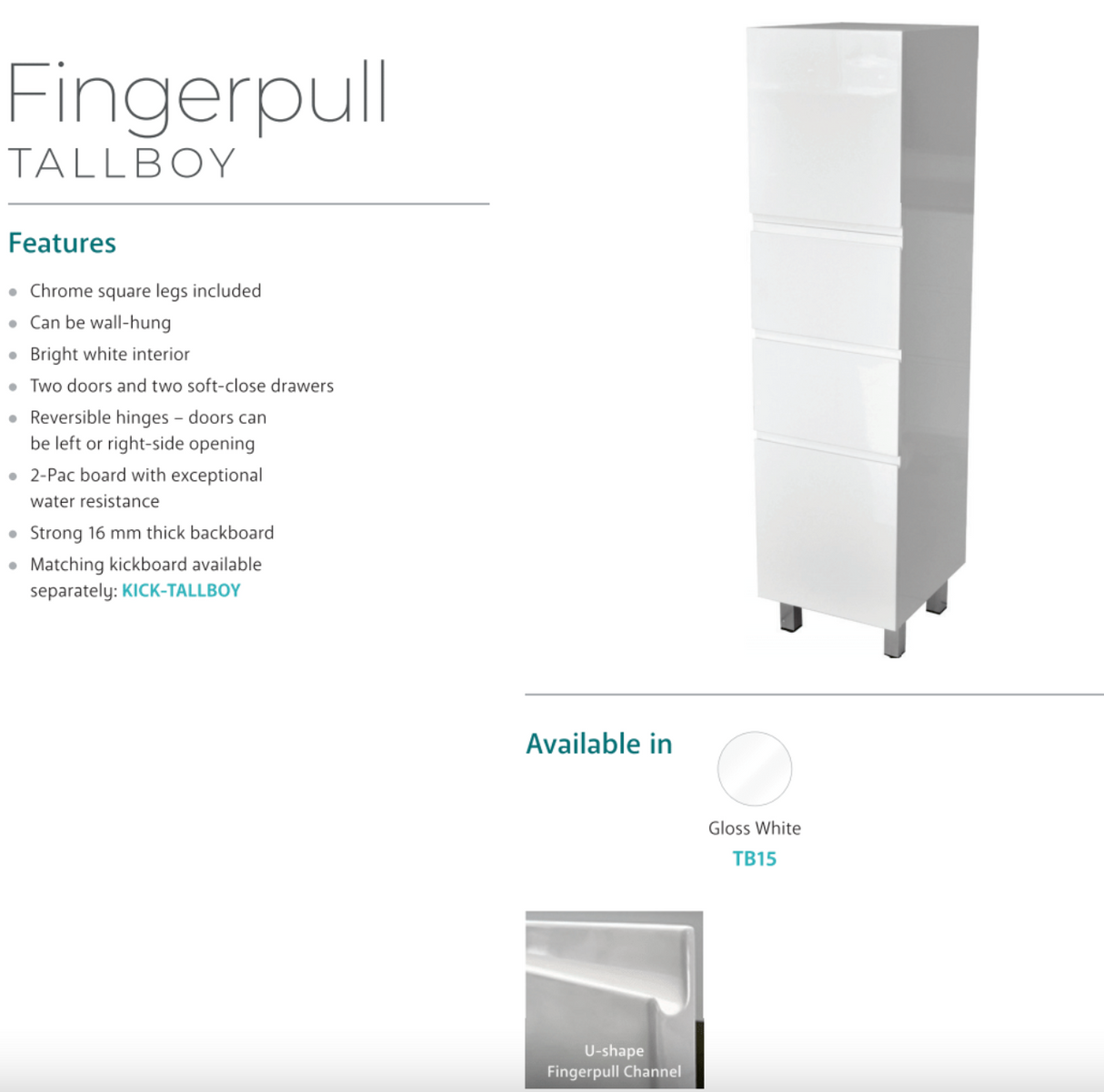 Fienza TB15 Gloss White Fingerpull Tallboy