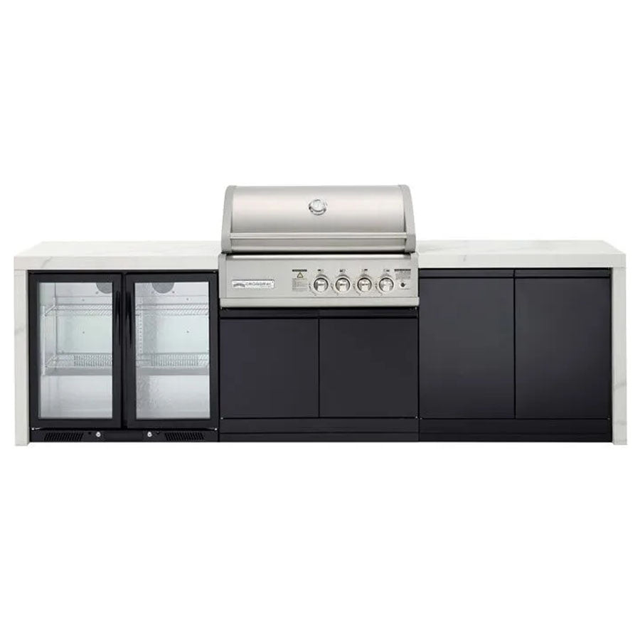 CROSSRAY TC4KP-15 Premium Four Burner Gas BBQ Outdoor Kitchen with Double Drinks Fridge, White Top
