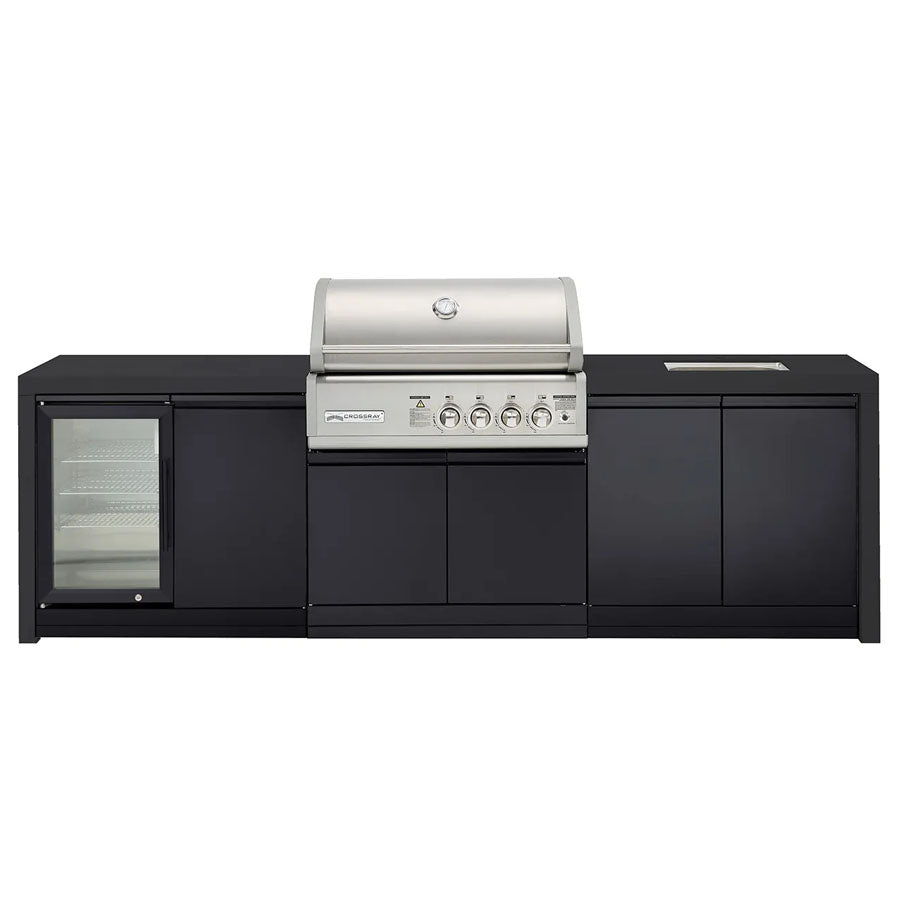 CROSSRAY TC4KP-20 Premium Four Burner Gas BBQ Outdoor Kitchen with Drinks Fridge & Sink, Black Top