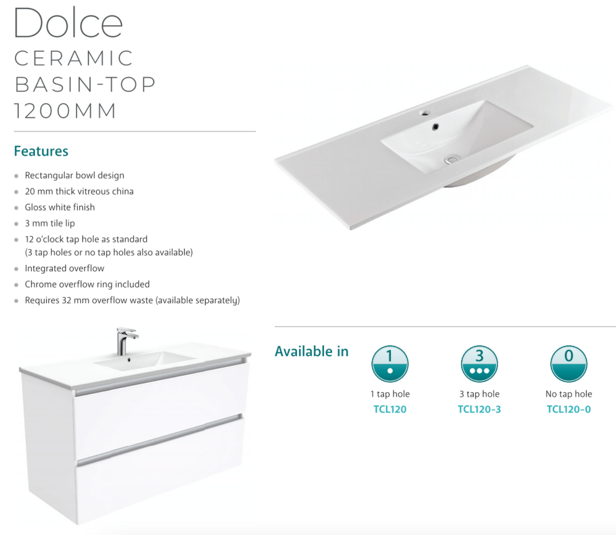 Fienza Dolce Tcl120F 1200Mm Fingerpull Wall Hung Vanity White - Special Order Units