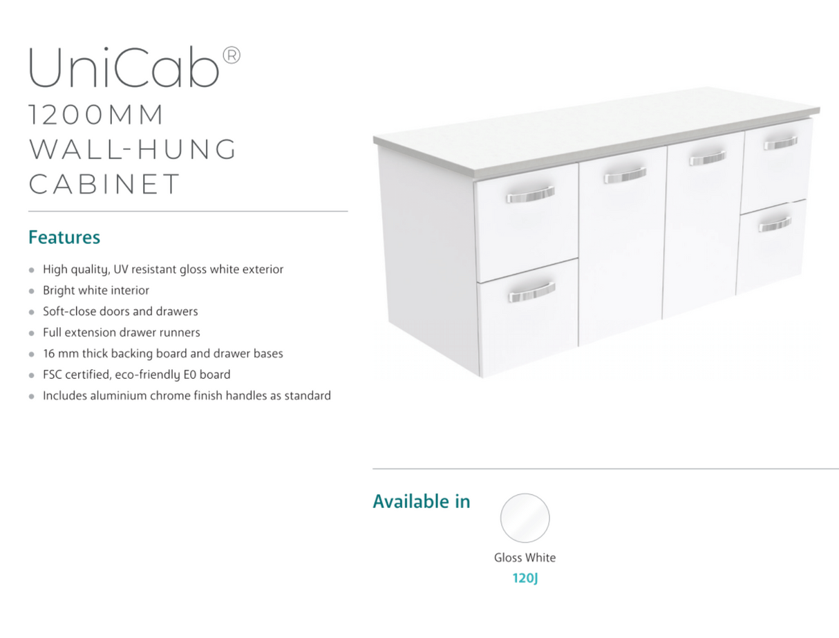 Fienza Dolce Tcl120J 1200Mm Ceramic Wall Hung Vanity With Handles White - Special Order Units